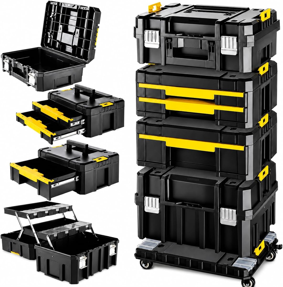 TLGREEN Caja de herramientas rodante apilable de 4 niveles con bandeja voladiza | Sistema de almacenamiento de herramientas con bandeja voladiza de 180 grados; Acceso más rápido a accesorios y piezas pequeñas de uso frecuente