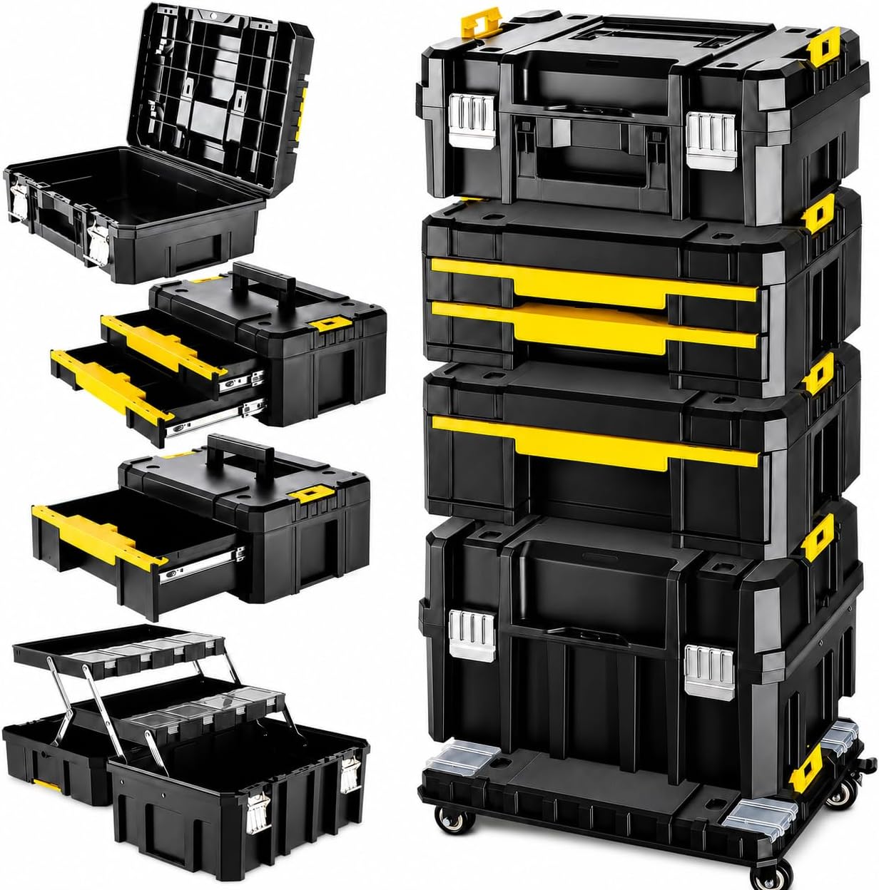 TLGREEN 4-Tier Stackable Rolling Tool Box with Cantilever Tray