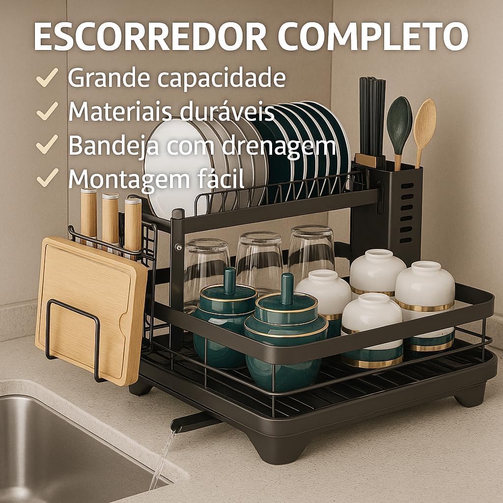 Escorredor de Louça em Aço Carbono Preto com Bandeja de Drenagem, Suporte para Copos, Talheres e Tábuas – Compacto, Resistente, Antiferrugem – Organizador de Pia Cozinha Moderna