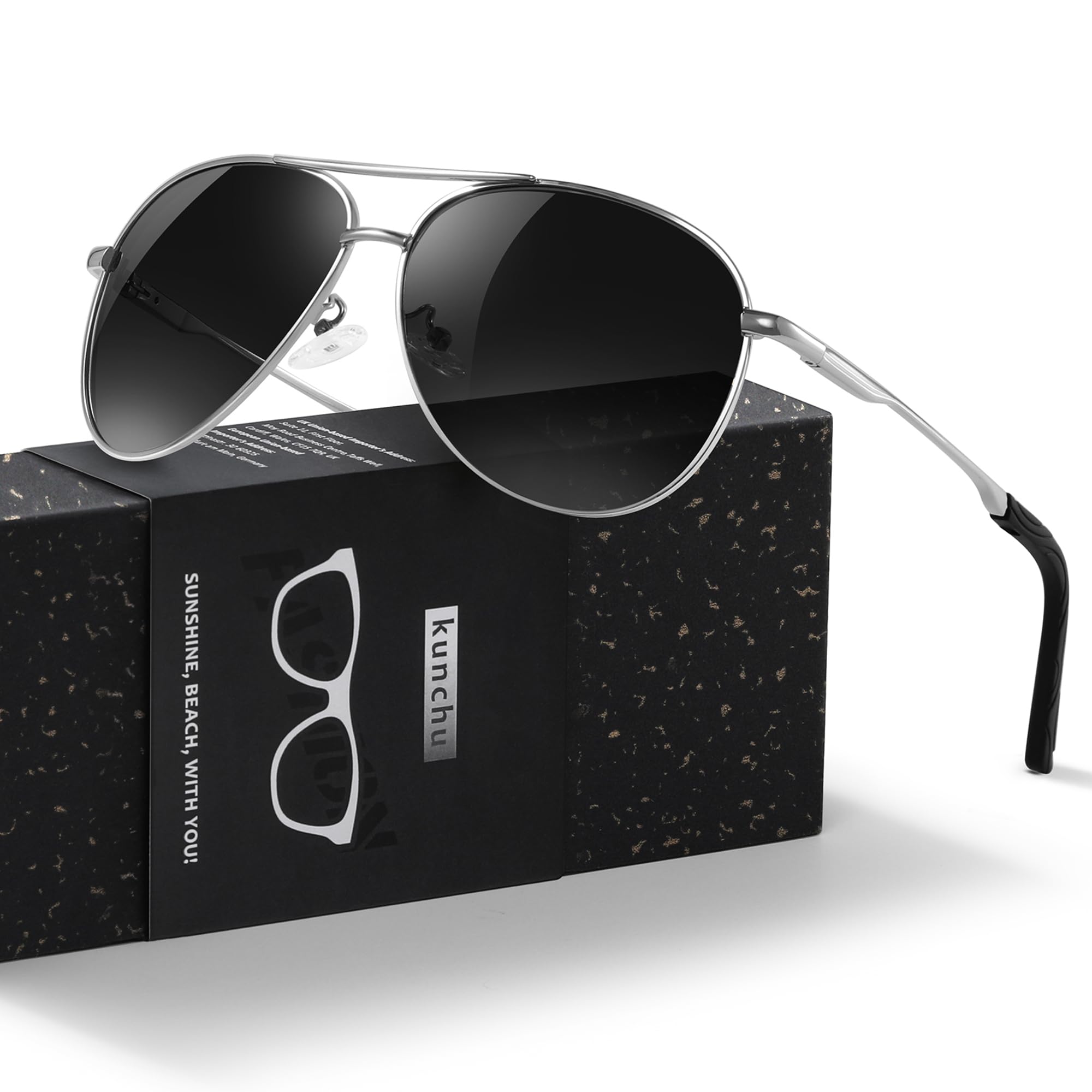 kunchu Sonnenbrille Herren Damen Polarisierte Unisex UV400-Schutz Klassische Ultraleichte Fahren Angeln Laufen Outdoor Schwarze Fliegerbrille