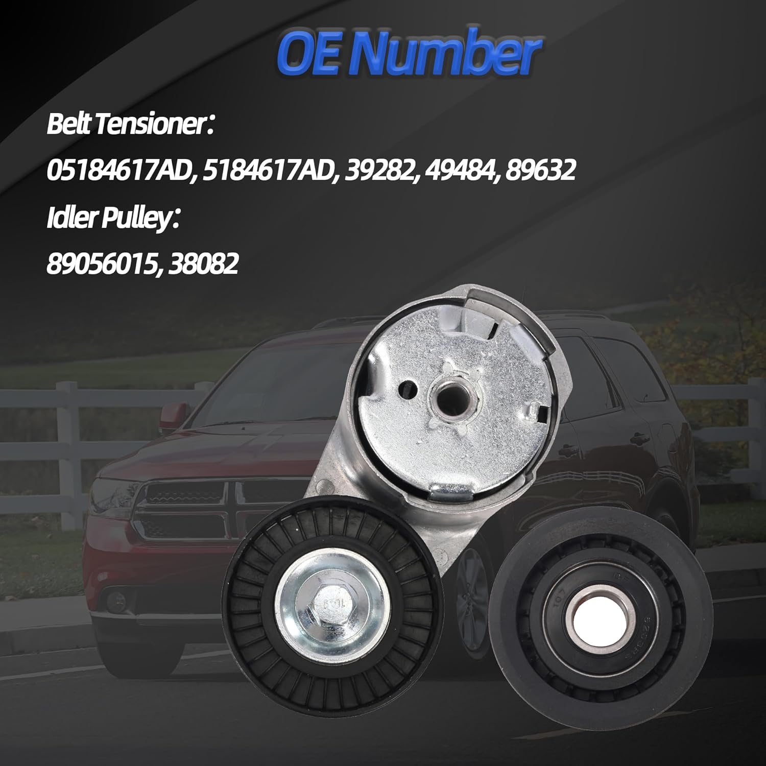 39282 Drive Belt Tensioner + one idler Pulley ‎38082, for Dodge Avenger Challenger Charger Durango Grand Caravan,for Chrysler 200 300 Town & Country,for Ram 1500 ProMaster, for Grand Cherokee, V6 3.6L