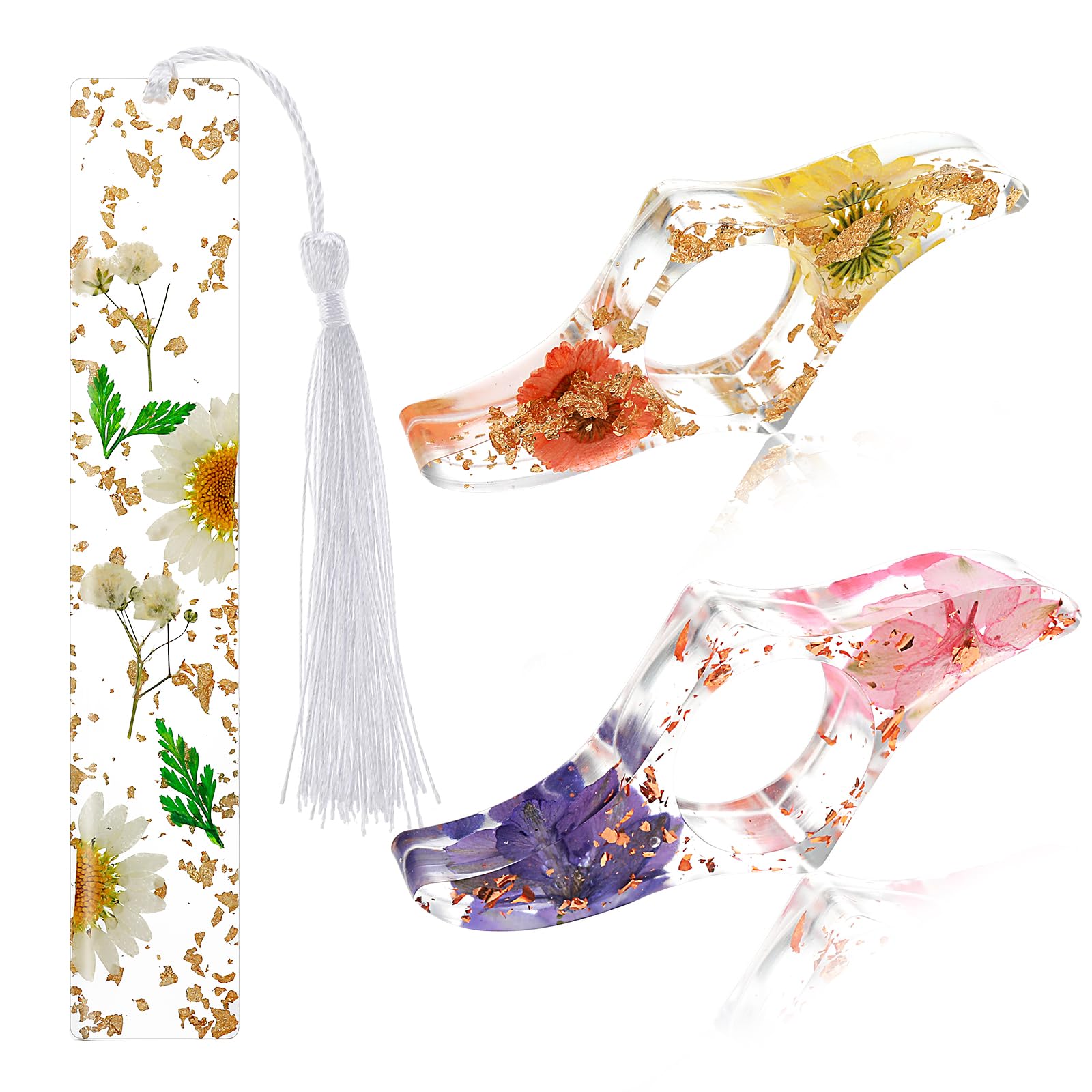 cobee Soporte para páginas de libros, 2 soportes laterales de resina de flores secas y 1 pieza de flores de resina secas, marcapáginas de pulgar transparente, contador, flores prensadas, marcadores de