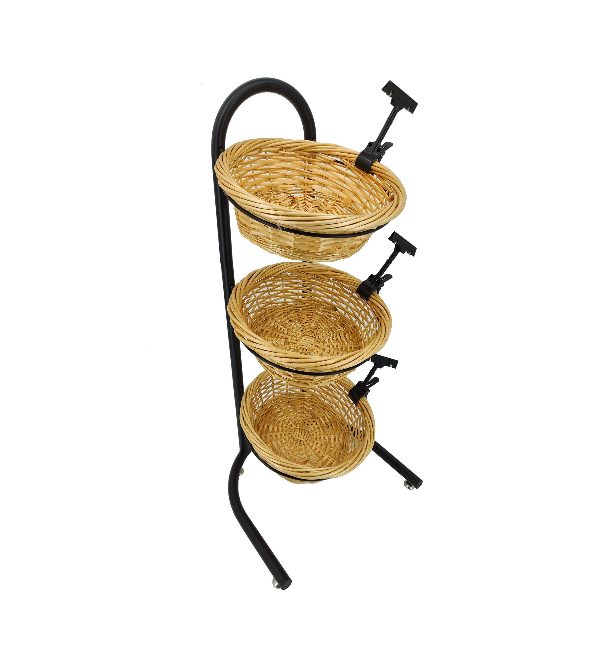 FixtureDisplays 3 Tier Basket Stand, Sign Clips, Wicker - Black