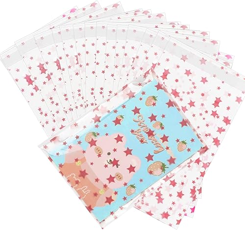 Miniatura 81 de COQOFA 100 bolsas de regalo de estrella rosa de 7 x 12 pulgadas, bolsas de regalo de celofán, bolsas de regalo de fiesta, bolsas de plástico Rosado