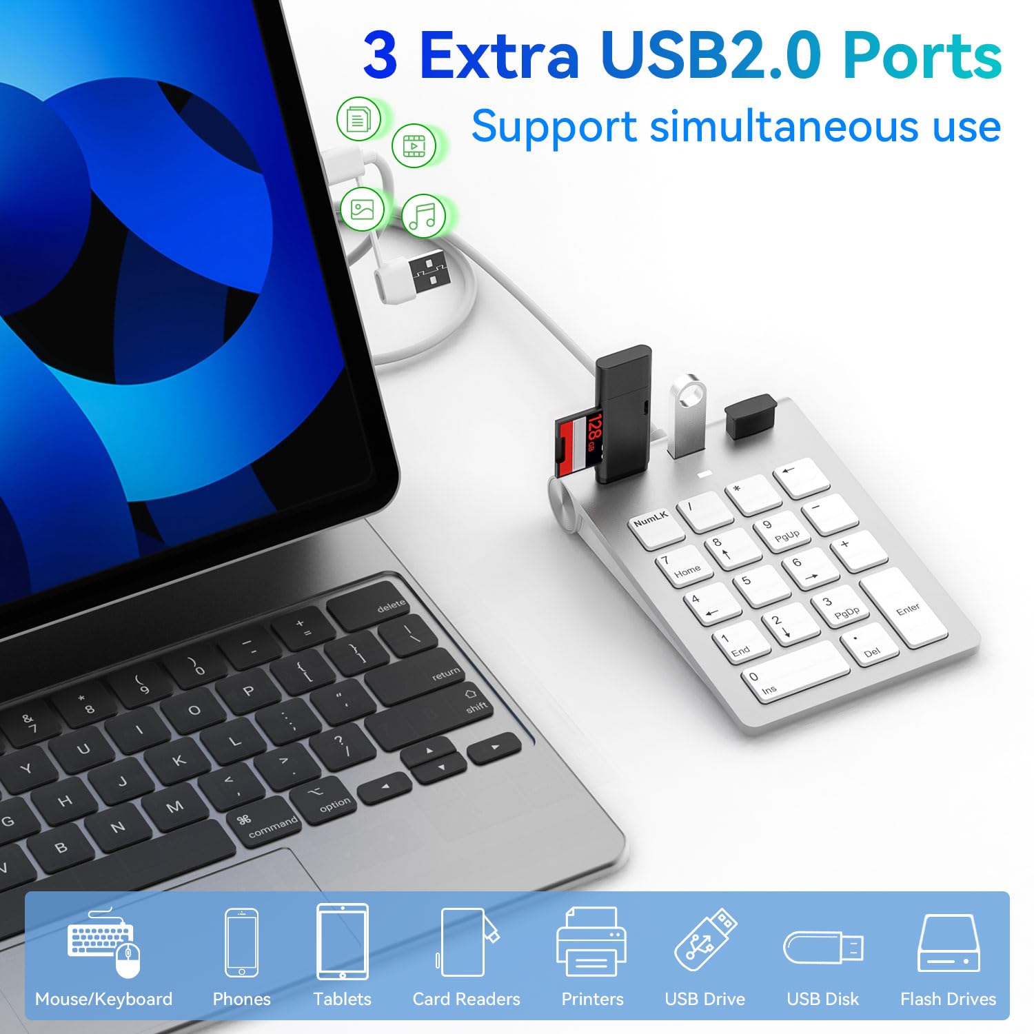 Teclado Numérico Cableado USB-C&USB-A Teclado Numérico 18 Teclas con 3 Puertos USB 2.0, Teclado Numerico para Laptop/Escritorio/Surface/iPad, TecladoNumérico USB para Windows/macOS/Chrome OS