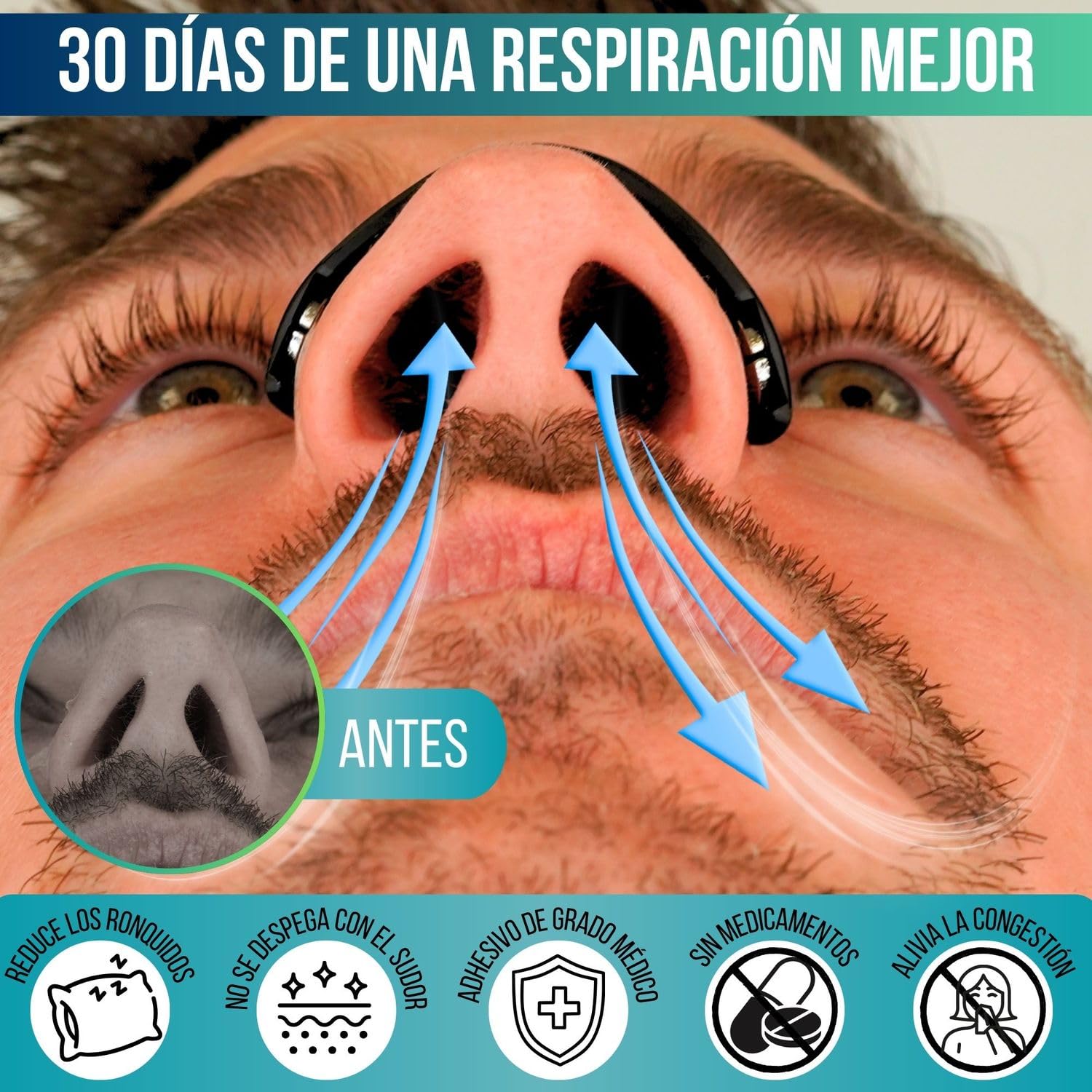 Tiras Nasales Magnéticas Deportivas | Tiras Nasales para Dormir | Dilatador Nasal Antironquidos | Mejora la Respiración y Rendimiento | 4 Arcos Magnéticos + Aplicador + 60 Parches (30 Días)