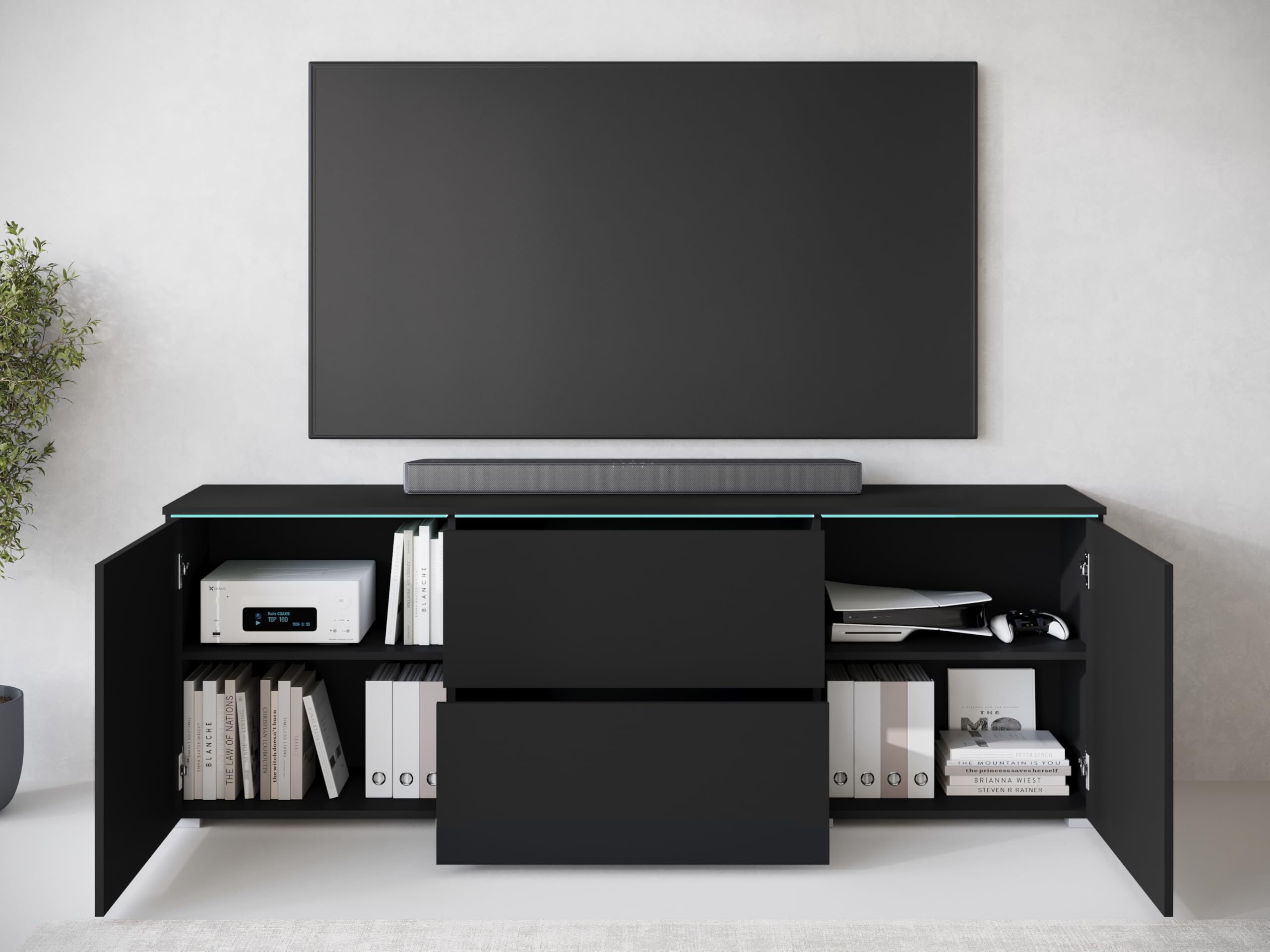 Buffet pour salon Vera 181, meuble TV, 2 portes, 2 tiroirs, éclairage LED en option, armoire de rangement, (LED, noir mat)