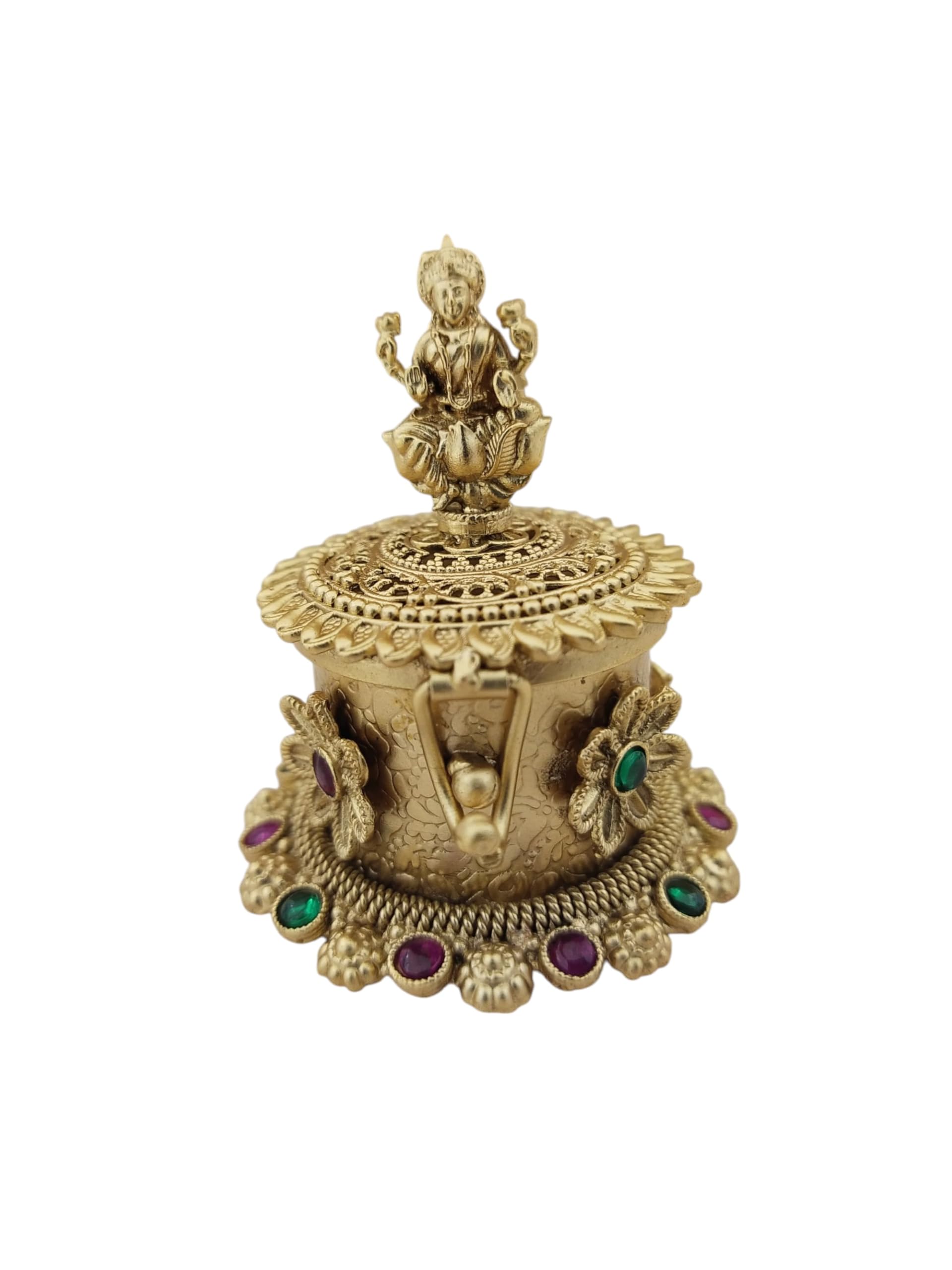 Antique Rajwadi Gold-Plated Lord Lakshmi Kumkum Box Handcrafted Traditional Copper Brass Sindoor Dibbi Stone Accents, Pooja Accessory and Sacred Wedding Return Gift-image-7