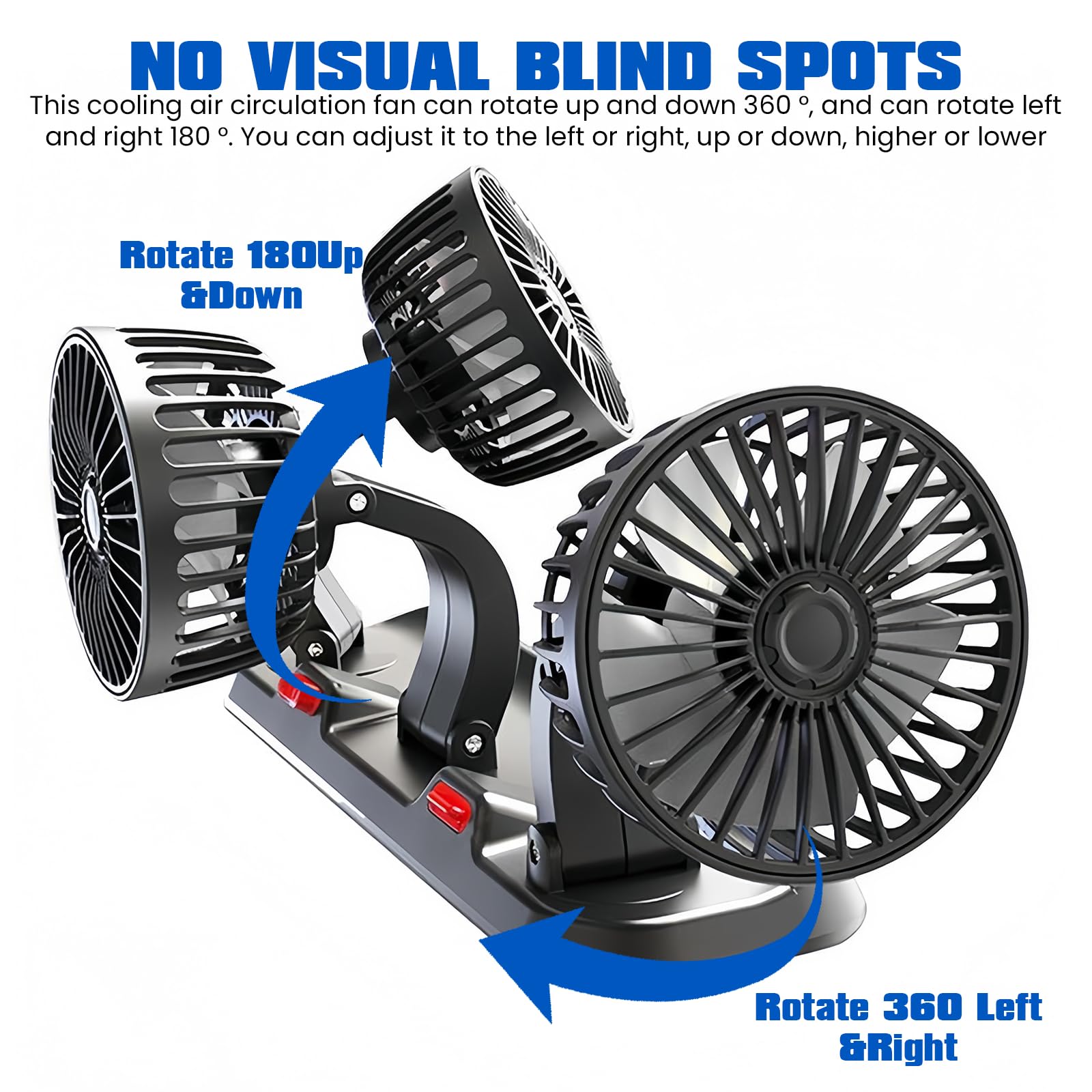 BORDEAG Ventilatore Elettrico Per Auto USB, ventilatore per sedile posteriore, ventola di rotazione a 360°, ventilatore da 12 V, ventilatore per auto, per camion Van Suv Rv
