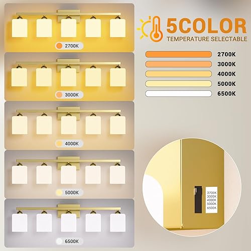 Miniatura 20 de Quntis Lámparas de baño negras de 4 luces con 5 modos de color, lámpara de tocador moderna regulable de 27 pulgadas sobre espejo, lámpara de pared