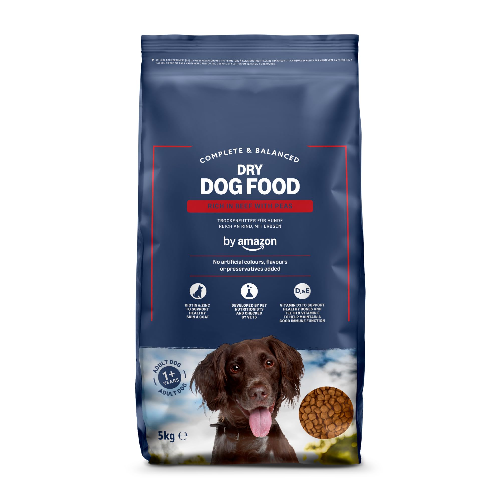 Complete Dry Dog Food for Adult Dogs, Rich in Beef with Peas, 1 Pack of 5kg