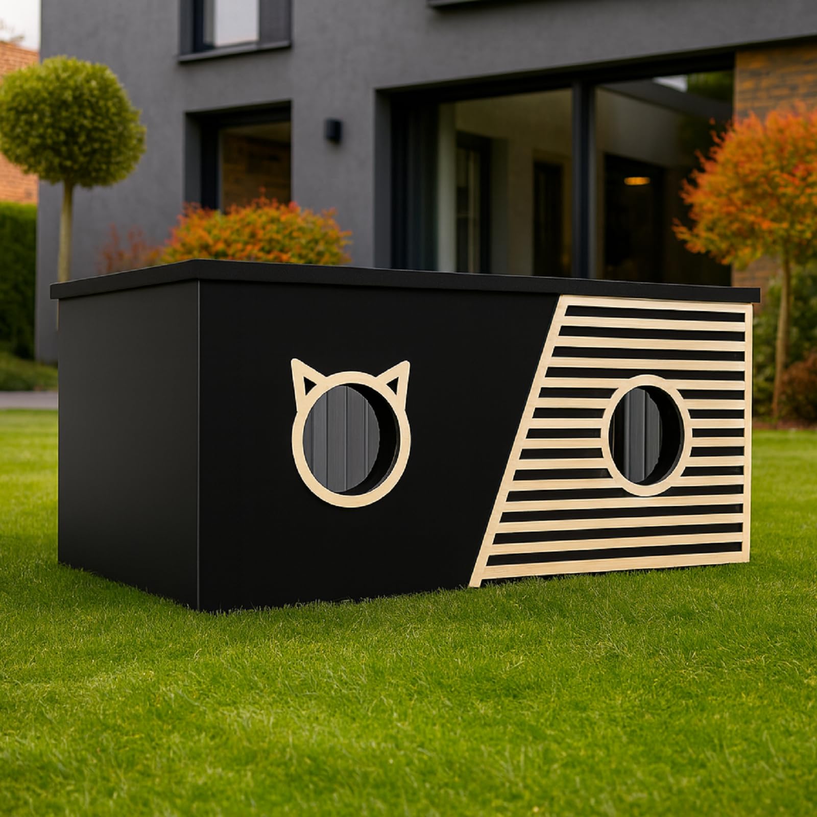 QLS Ocieplany domek XXL dla kota z zasłoną 85 x 45 cm czarny | Wymiary 85 x 45 x 37,5 cm, wejście Ø12,7 cm. Domek z zasłoną do użytku na zewnątrz