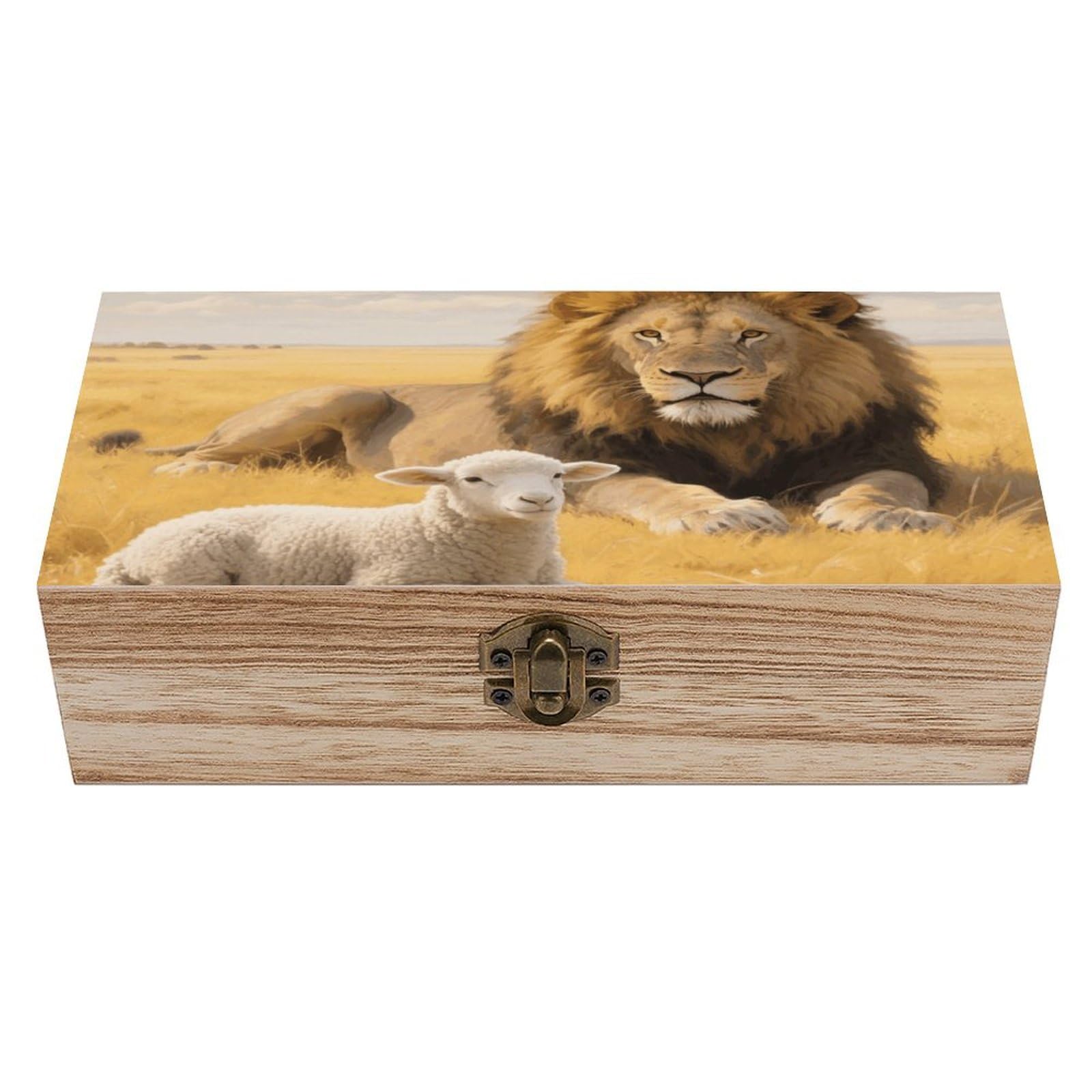 FodPand Decorative Keepsake Box Wooden Storage Boxes with Hinged Lid Handmade Lion Sheep Wood Organizer Memory Treasure Box for Jewelry Craft Card Photo Storage Wedding Bridal Shower Gifts
