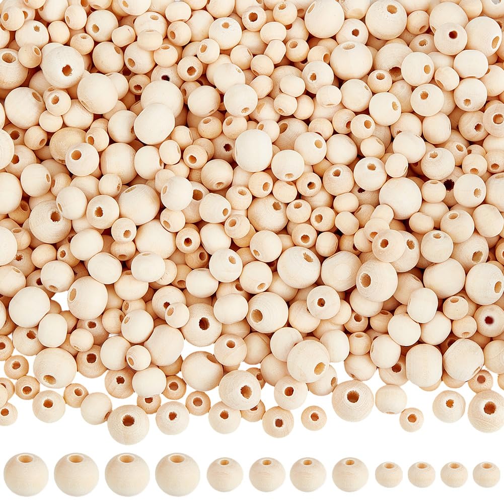 PONABEADIY 1700PCS Natural Wooden Beads Unfinished Round Large Hole Wood Macrame Big Holes Assorted Sizes Loose Spacer Bead Bulk for Jewellery Making Home Farmhouse Party Decoration Garland DIY Crafts