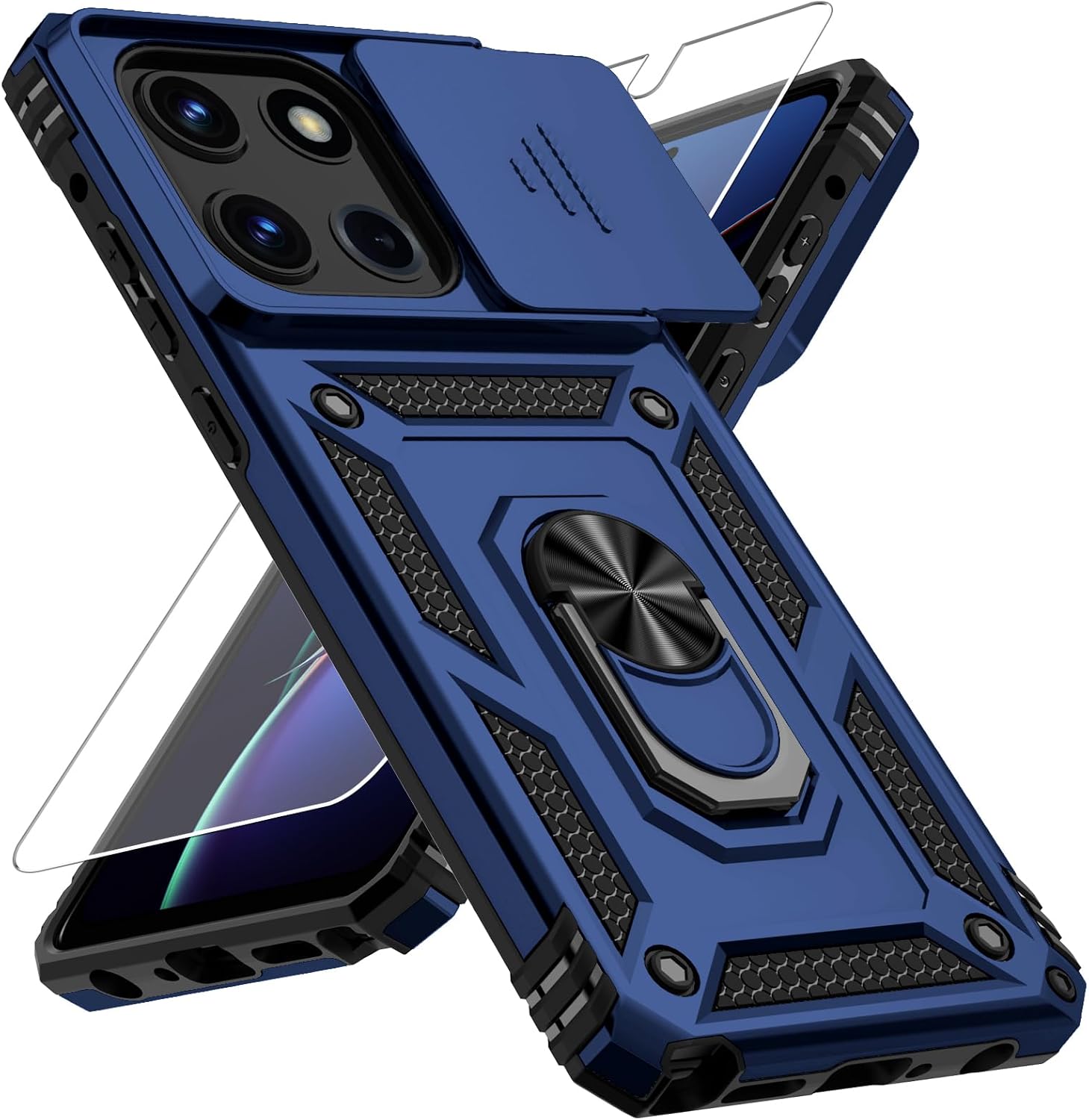 for Moto G Stylus 2025 Case with Camera Lens Cover, HD Screen Protector, 10 FT Military Grade Drop Protection, Magnetic Ring Holder Kickstand Protective Phone Case, Navy Blue