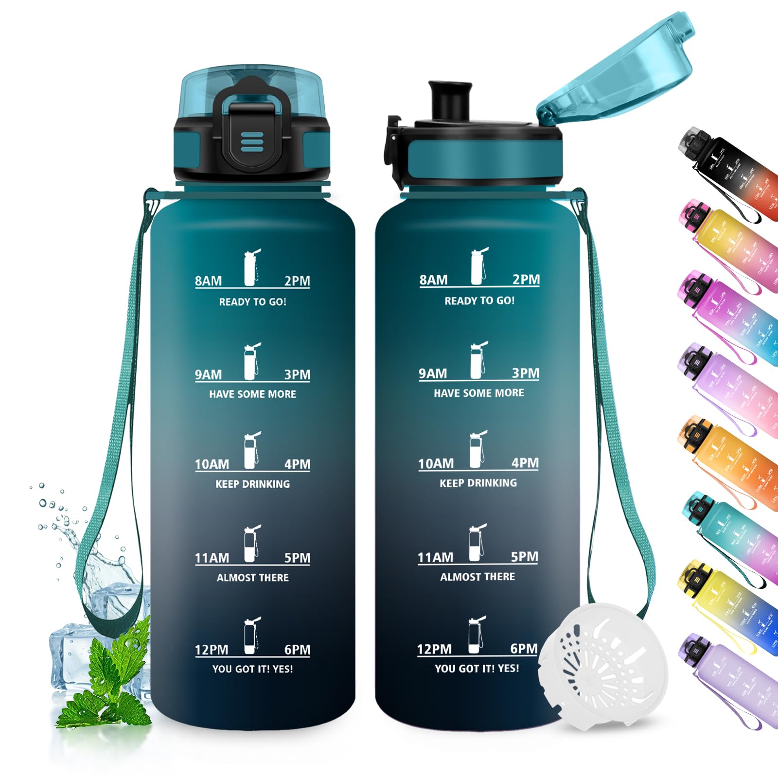 Sport Water Bottle 1.5 Litres, Sports Water Bottle with Time Indicator, Leak-Proof, BPA Free, 1 Click Open, Adult Water Bottle, School, Gym, Fitness - 1