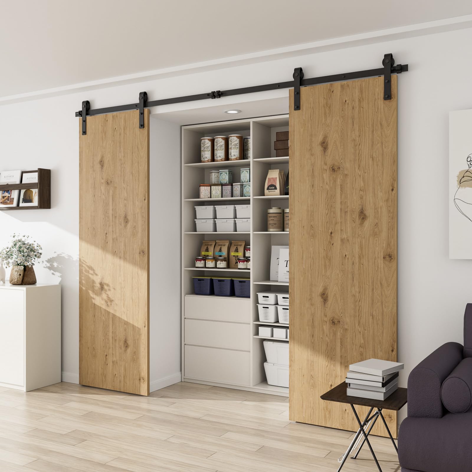 CCJH Binario per Porta Scorrevole Kit Doppia Anta Esterno Muro 6.6FT-203cm in Stile Rustico Classico Rulli Forma Hardware in Acciaio al Carbonio Nero