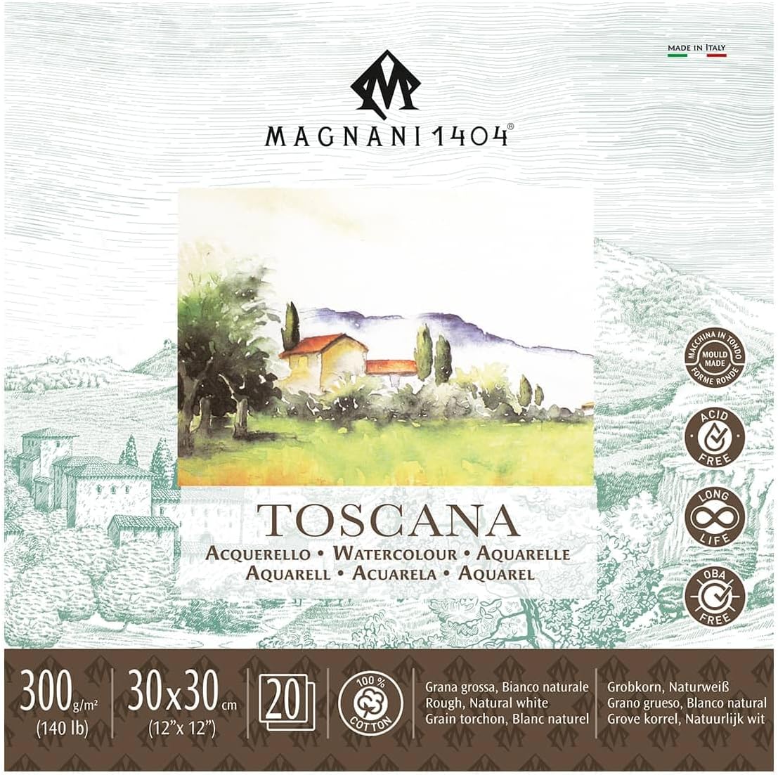 Magnani 1404 Toscana Rough 100% Cotton Watercolor Paper Pad, 20 Sheets,12x12, 140 lb, Acid-Free, UV Resistant, Deckled Edges, Vegan Sized Water Color Paper for Artists, Made in Italy