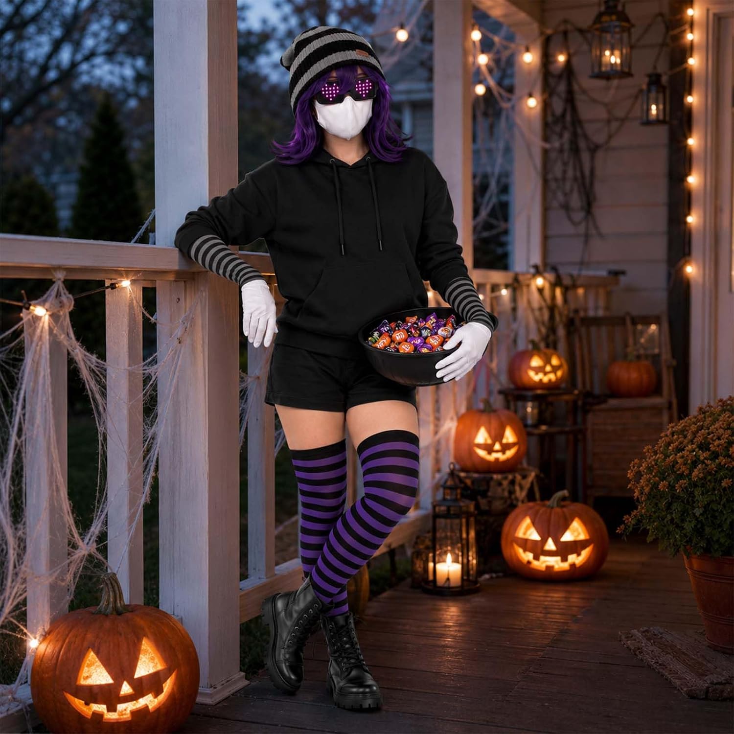 Purple Costume Accessories Set, Short Wig, Striped Knit Beanie, White Mask, Gloves, Arm Warmers and Thigh High Socks for Halloween Cosplay Party