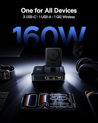 Miniatura 7 de Baseus Nomos - Estación de carga 5 en 1 de 160 W, cargador inalámbrico magnético de 15 W con certificado Qi2 con cable retráctil de 100 W