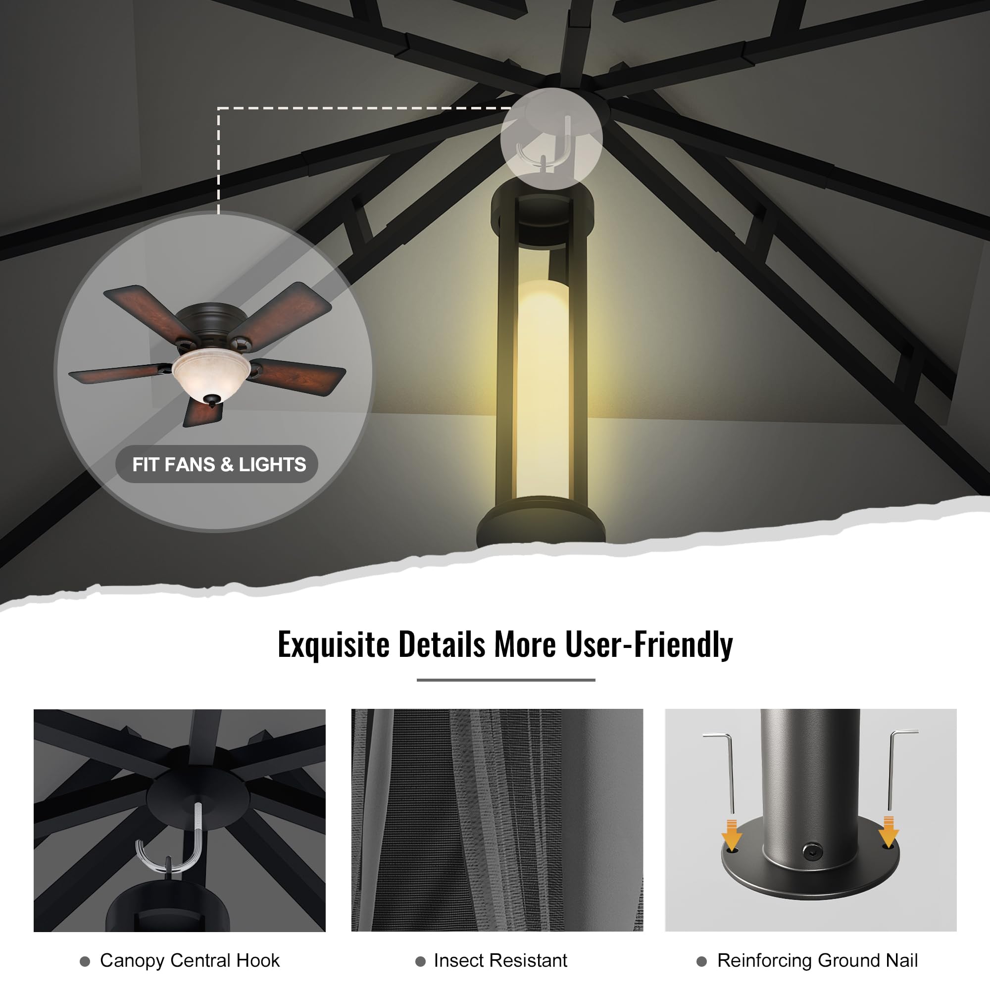 UDPATIO Gazebo da Giardino con Doppio Tetto e Zanzariera, 2.75x2.75 m, Struttura in Metallo Resistente, Gazebo Pieghevole Impermeabile per Giardino, Terrazze - Grigio