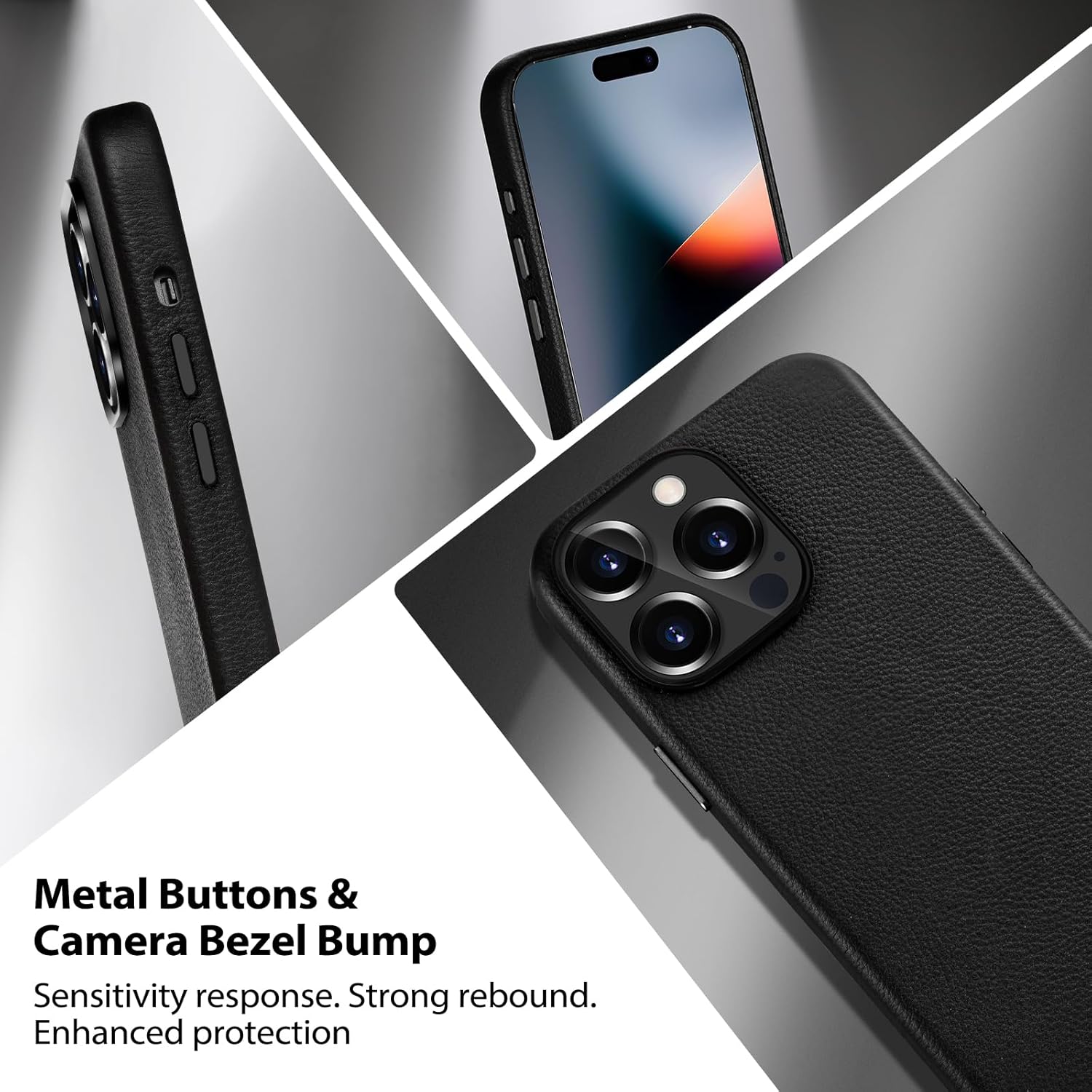 Belemay Compatible with iPhone 12 Pro Max Leather Case, Compatible with MagSafe - Luxury Tumbled Leather - Metal Buttons & Lens Protector - Slim Fit&Durable - Distinctive Texture (6.7-inch) - Black - Image 5