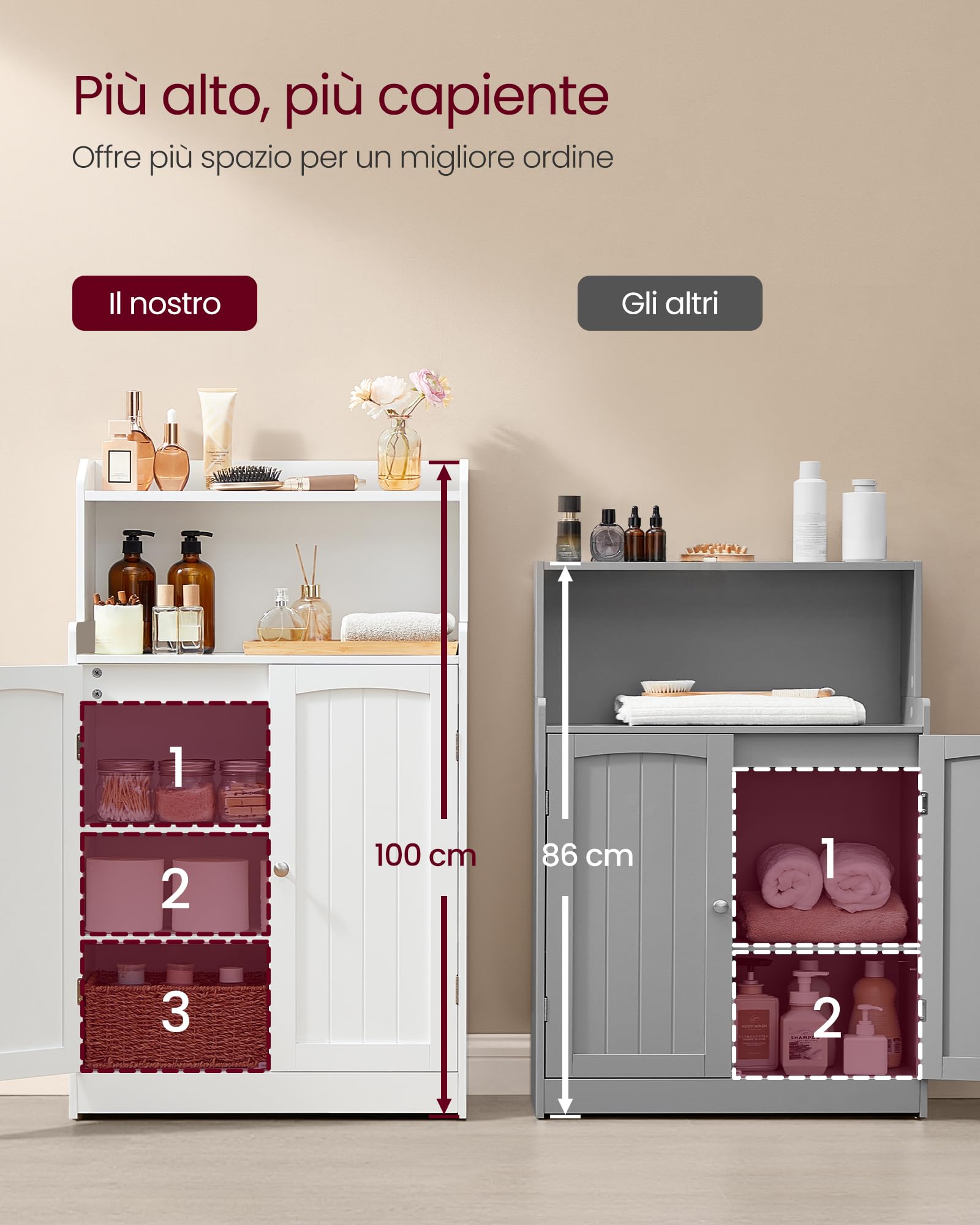 VASAGLE 100 cm di Altezza Mobile Bagno, Mobiletto Bagno con 2 Ante, 2 Ripiani Regolabili, Armadietto per Sala da Pranzo, Cucina, Soggiorno, Bianco Nuvola BBC770W01