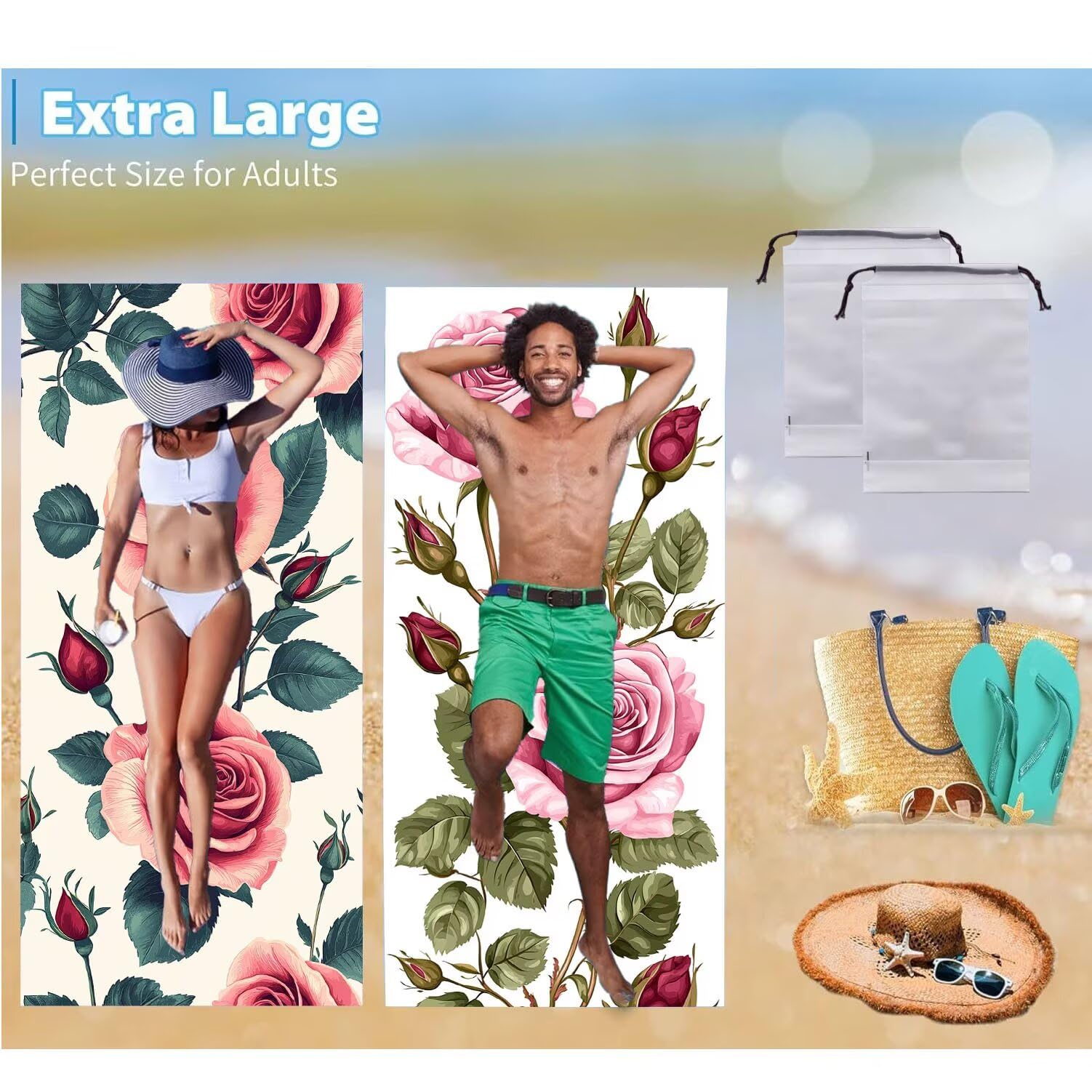 Telo Mare Microfibra Grande - 100 x 200 cm Telo Mare 2 Pezzi, Antisabbia, Asciugatura Rapida, Ultra Assorbente, Estate Spiaggia Asciugamani Bagno Asciugamano Microfibra, Donna Regali (Rose Fiori) m711