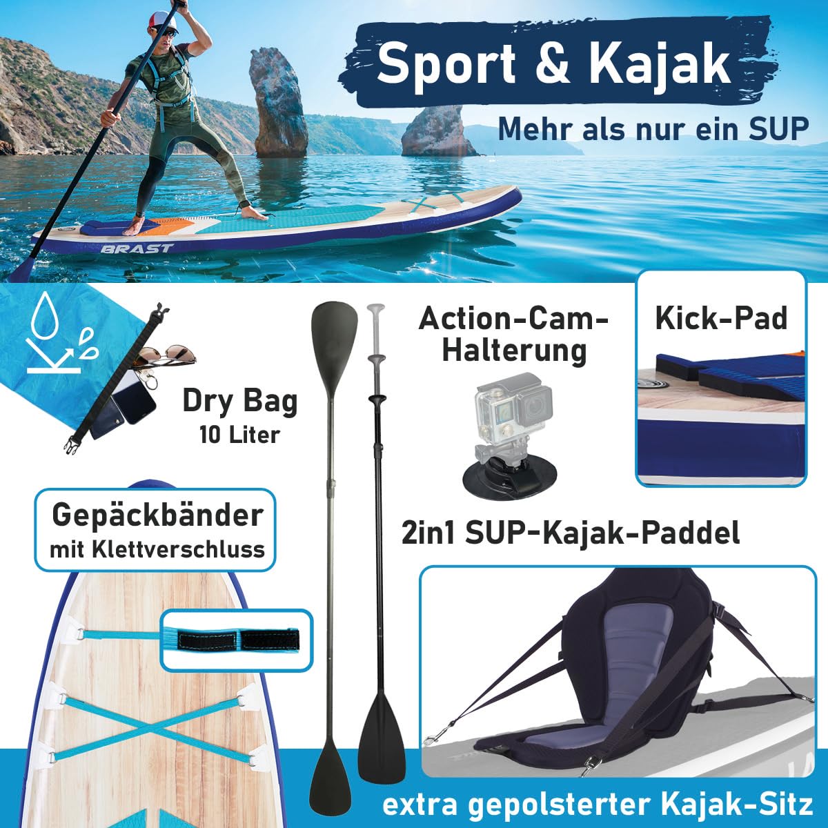 BRAST SUP Board Wood | Aufblasbares Stand up Paddle Set | 320x81x15cm | 2 Designs | 5 Jahre Garantie | inkl. Sonderzubehör | 2in1 Paddel Kajak-Sitz Action-Cam-Halterung Fußschlaufe