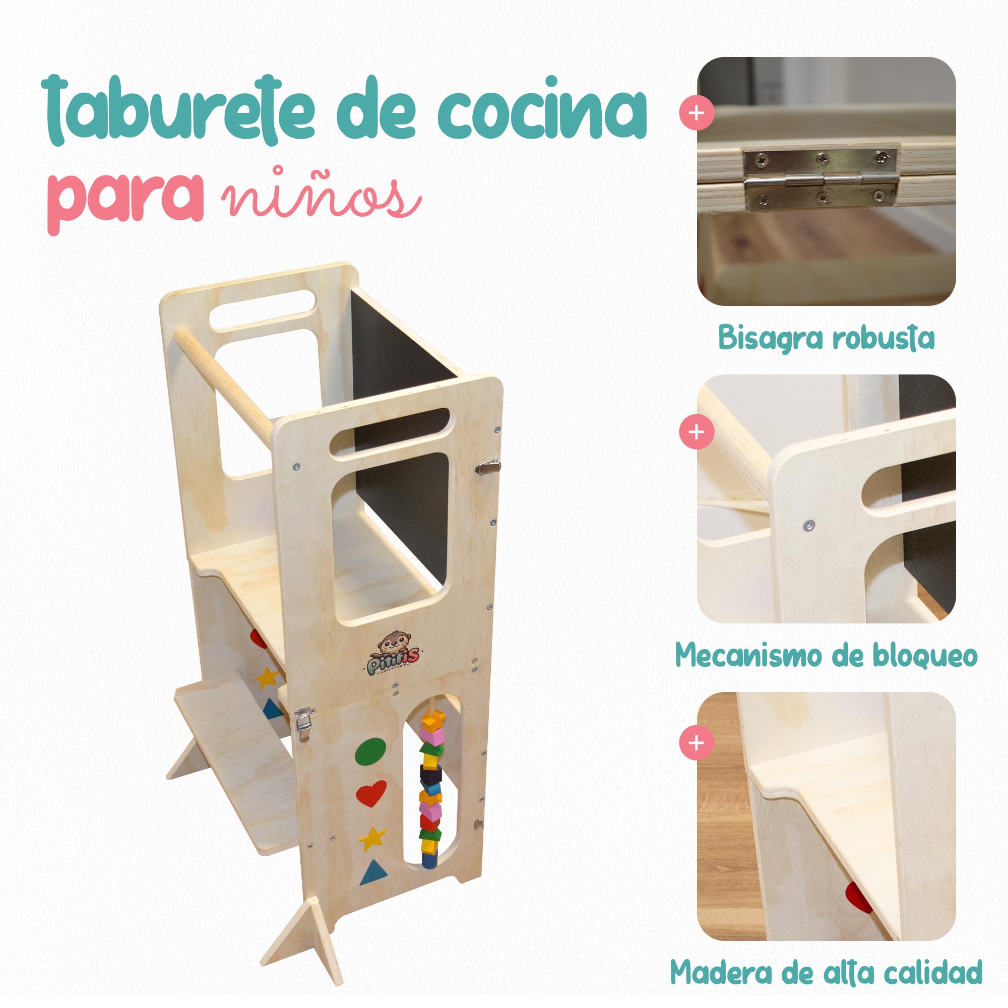 Torre de Aprendizaje Montessori 4 en 1 Pitifis | Torre de Aprendizaje para Niños con Pizarra y Escritorio | Taburete Cocina Infantil de Madera | Diseño Estable y Seguro | 90 x 31 x 45 cm