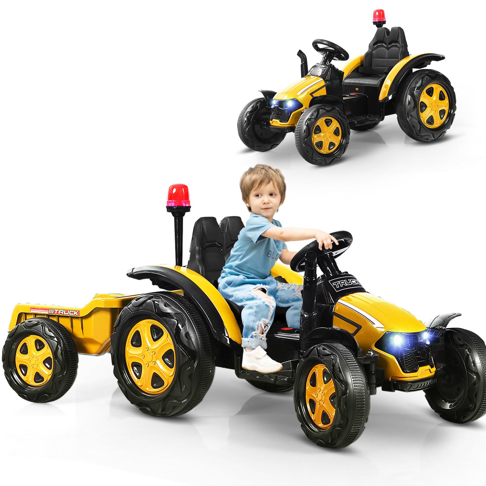 COSTWAY 12V Tracteur Électrique Enfant avec Remorque Amovible & Télécommande 2,4G, Voiture Électrique avec Lumière & Musique, Cheminée & Feu, 3-8 km/h, Charge 30kg pour Enfants de 3-8 Ans