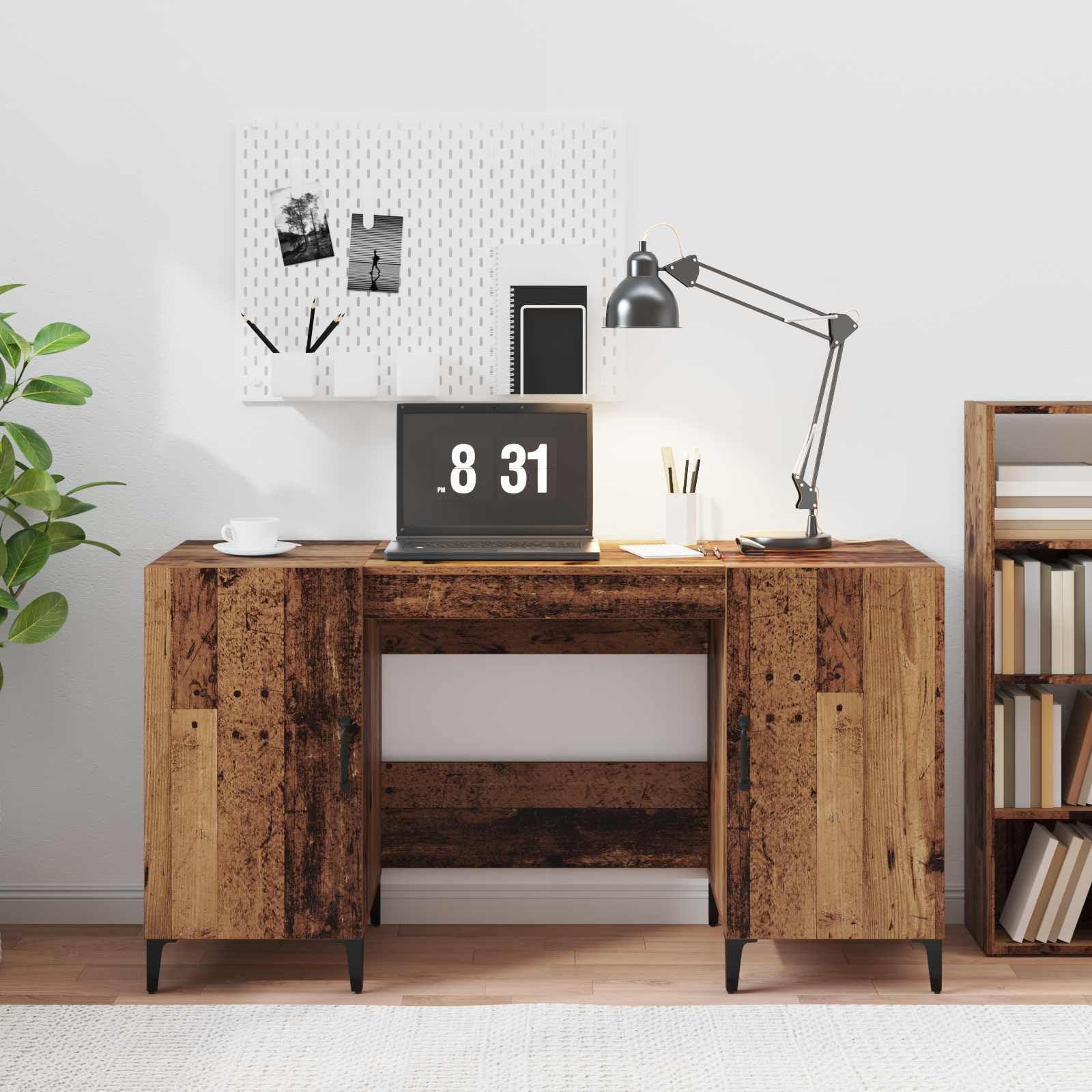 Escritorio con puerta de aspecto de madera recuperada, 140 x 50 x 75 cm, 2 puertas, metal negro, para ordenador, oficina, oficina, espacio de almacenamiento, gestión de cables