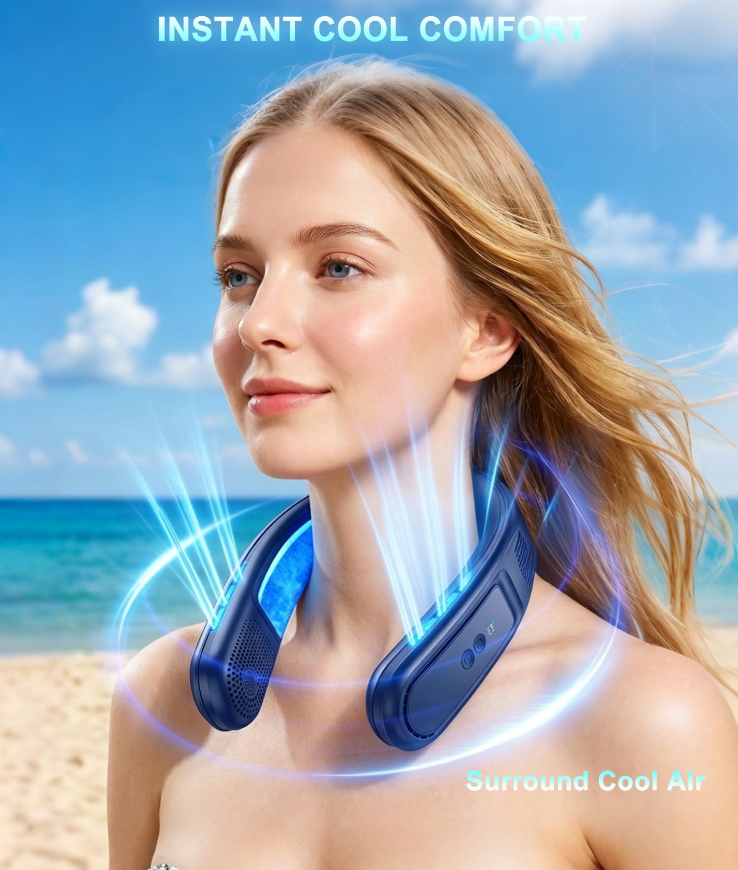 Ventilador de Cuello Portatil con 2 Placas de Enfriamiento de Hielo, Ventilador Cuello Aire Acondicionado Portatil Silencioso, Neck Fan Sopla Aire Frío para Viaje Playa Oficina Mujeres Hombres