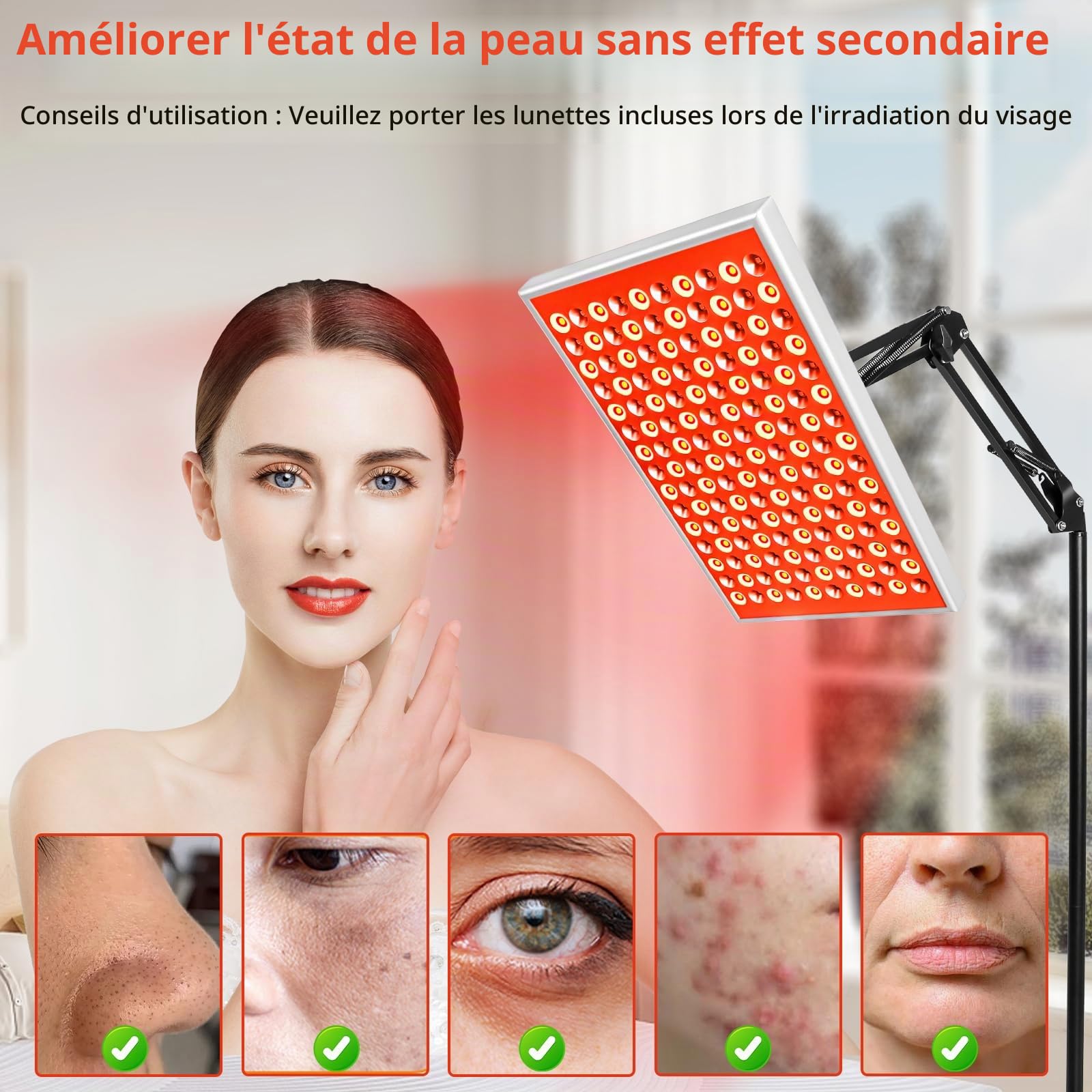 Thérapie par lumière rouge pour le corps et le visage, thérapie par la lumière infrarouge avec support, panneau de lampe de thérapie par lumière rouge, lumière rouge 660 nm et 850 nm LED proche