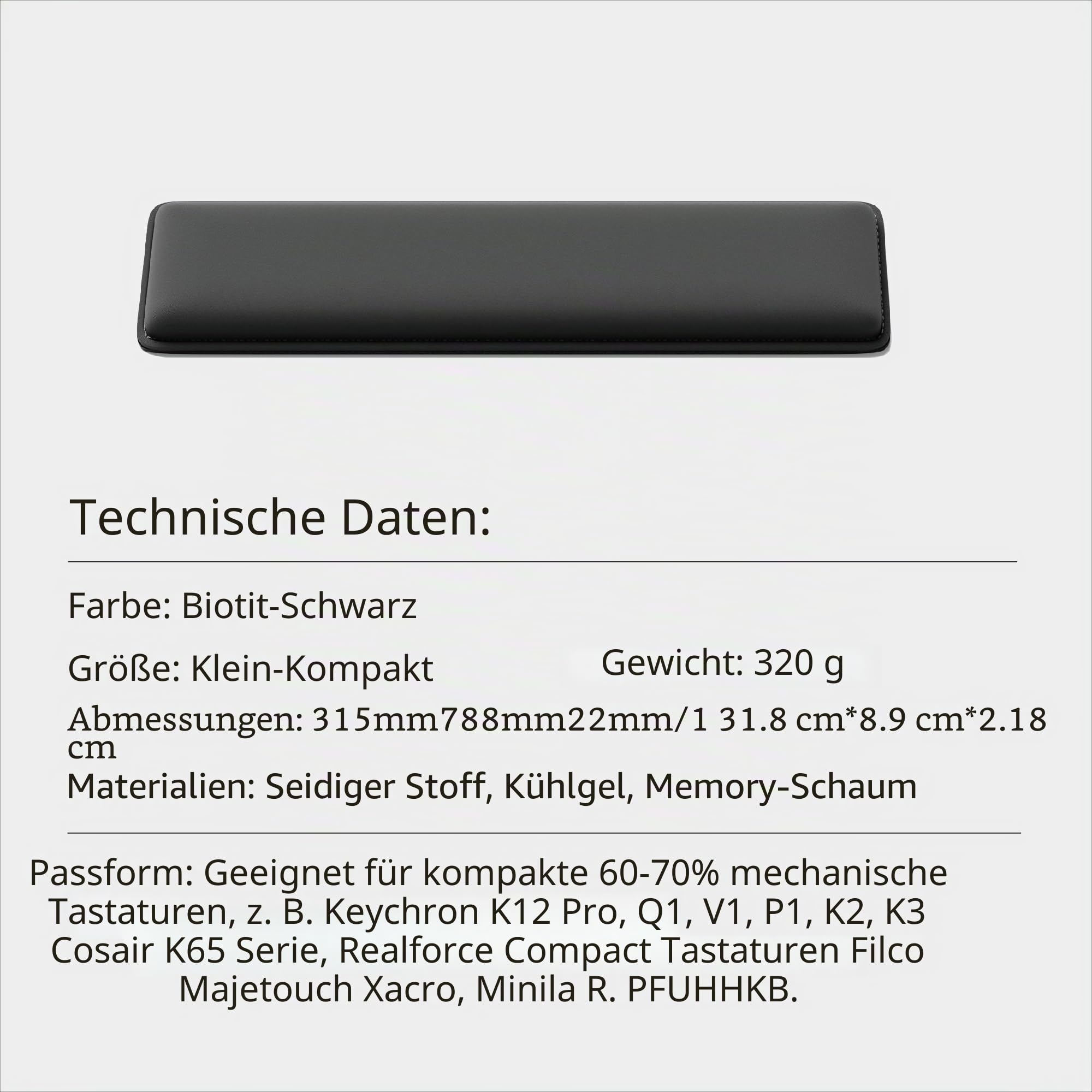 Faluber Ergonomische Gel-Handgelenkauflage für Tastaturen, 315 mm Länge und 20 mm Dicke für kompakte Tastatur, mit rutschfestem Fußpolster, Komfort und Stabilität, Tastaturzubehör (klein, kompakt)