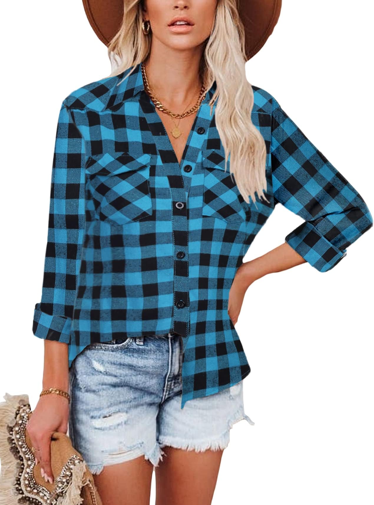 Women's Checked Shirt Short / Long Sleeve Cotton Checked Shirt with Button Placket V-Neck Lumberjack Shirt Casual Tops for Oktoberfest