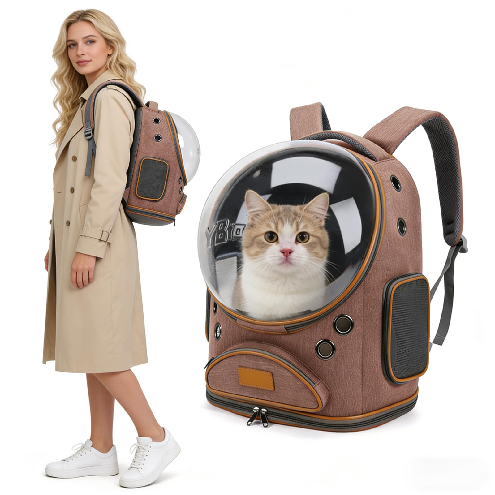 Zaino per gatti, traspirante, con bolle spaziali, per cani di piccola taglia fino a 7,3 kg, trasparente e pieghevole, per viaggi ed escursioni (marrone)