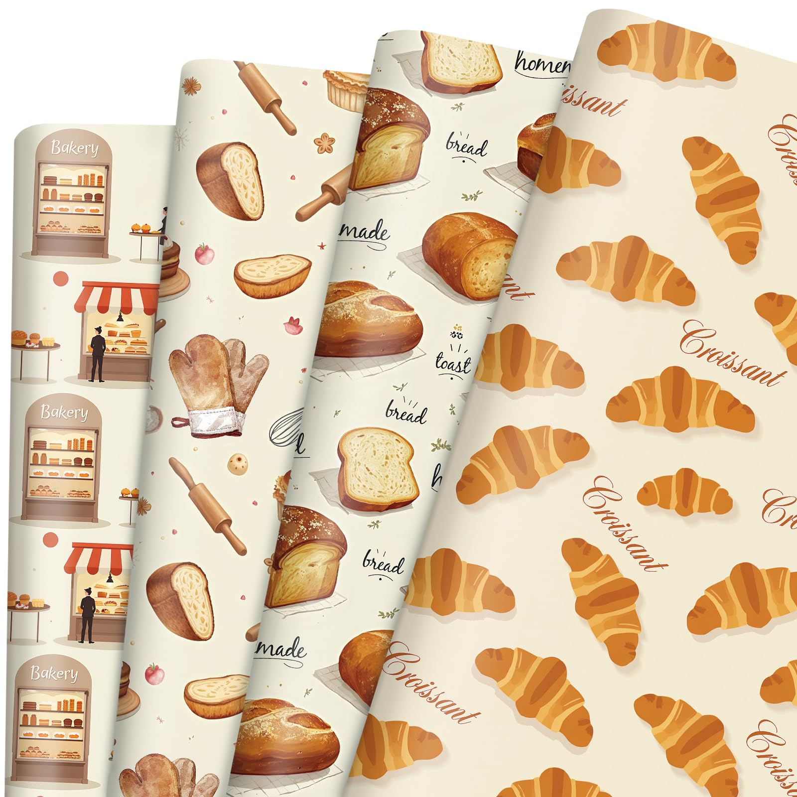 Pineraap Baking Wrapping Paper 12 Sheets Croissants, Toast, Bread Bakery Themed Gift Wrap for Bakers, Baking Enthusiasts, 20"×28"