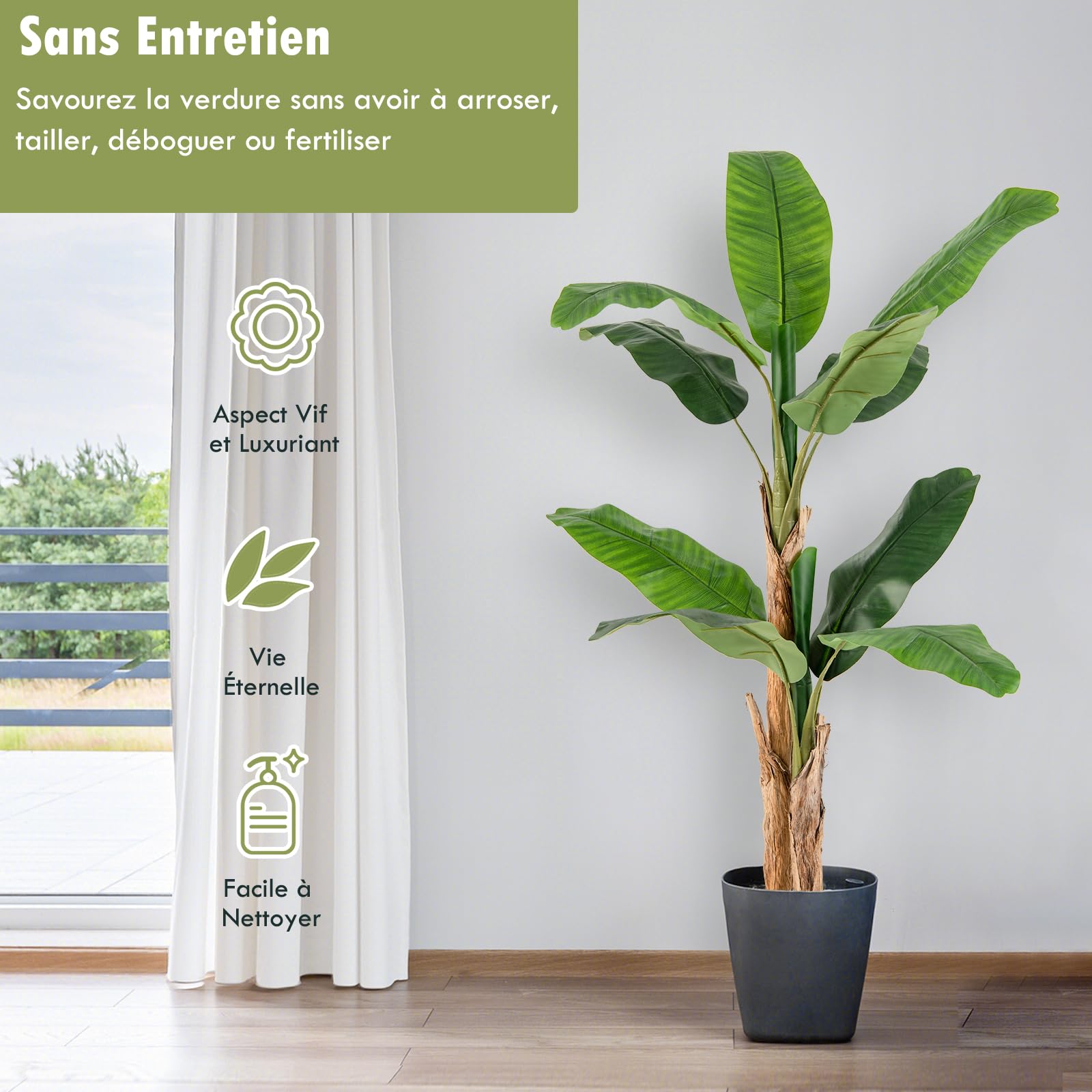 GIANTEX Plante Artificielle Intérieur, Fausse Plante Bananier 165 CM en Pot avec Ciment, 2 Tiges Réalistes & 10 Grandes Feuilles, Arbre Artificiel Intérieur Extérieur Maison Jardin Bureau