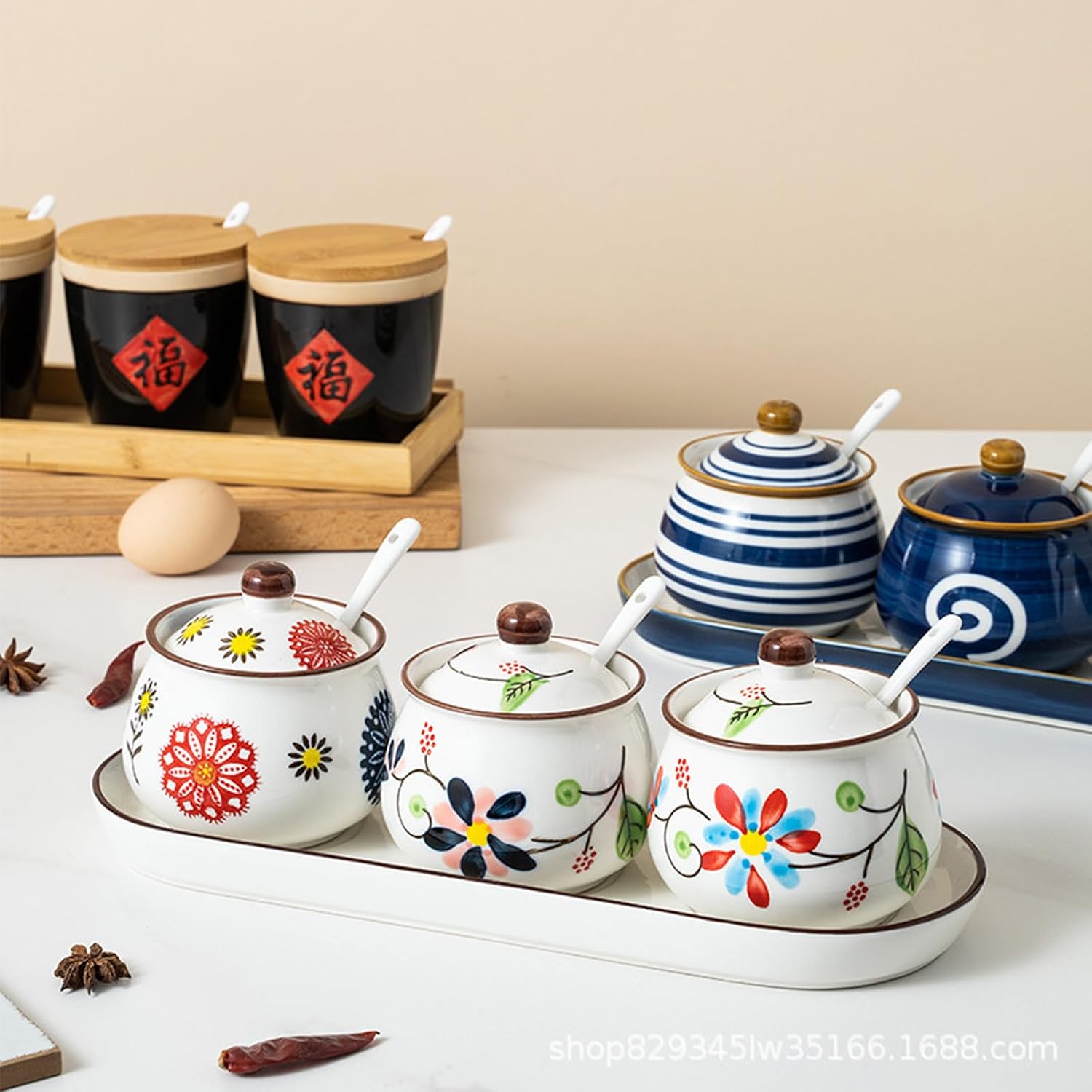 Handmade Porcelain Sugar Bowls with Lids and Spoons, 10 oz Ceramic Spice Jars for Kitchen, Seasoning Containers for Salt, Pepper, Sugar, or Condiments with Floral Design (LH)