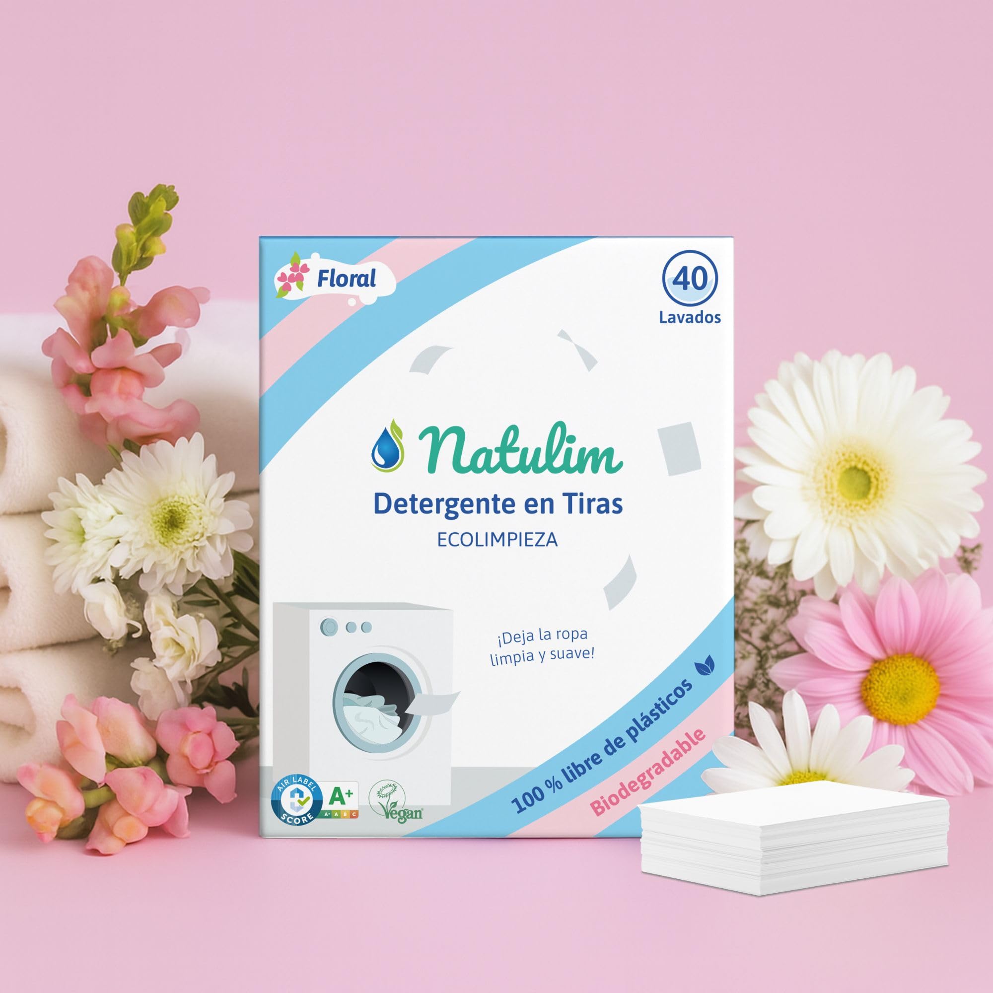 Natulim - Detergente en Tiras para Lavadora (40 Lavados) - Incluye efecto Suavizante, Ecológico, Hipoalergénico, Made in Spain - Ropa limpia y suave sin ensuciar el Planeta (Fragancia Floral)