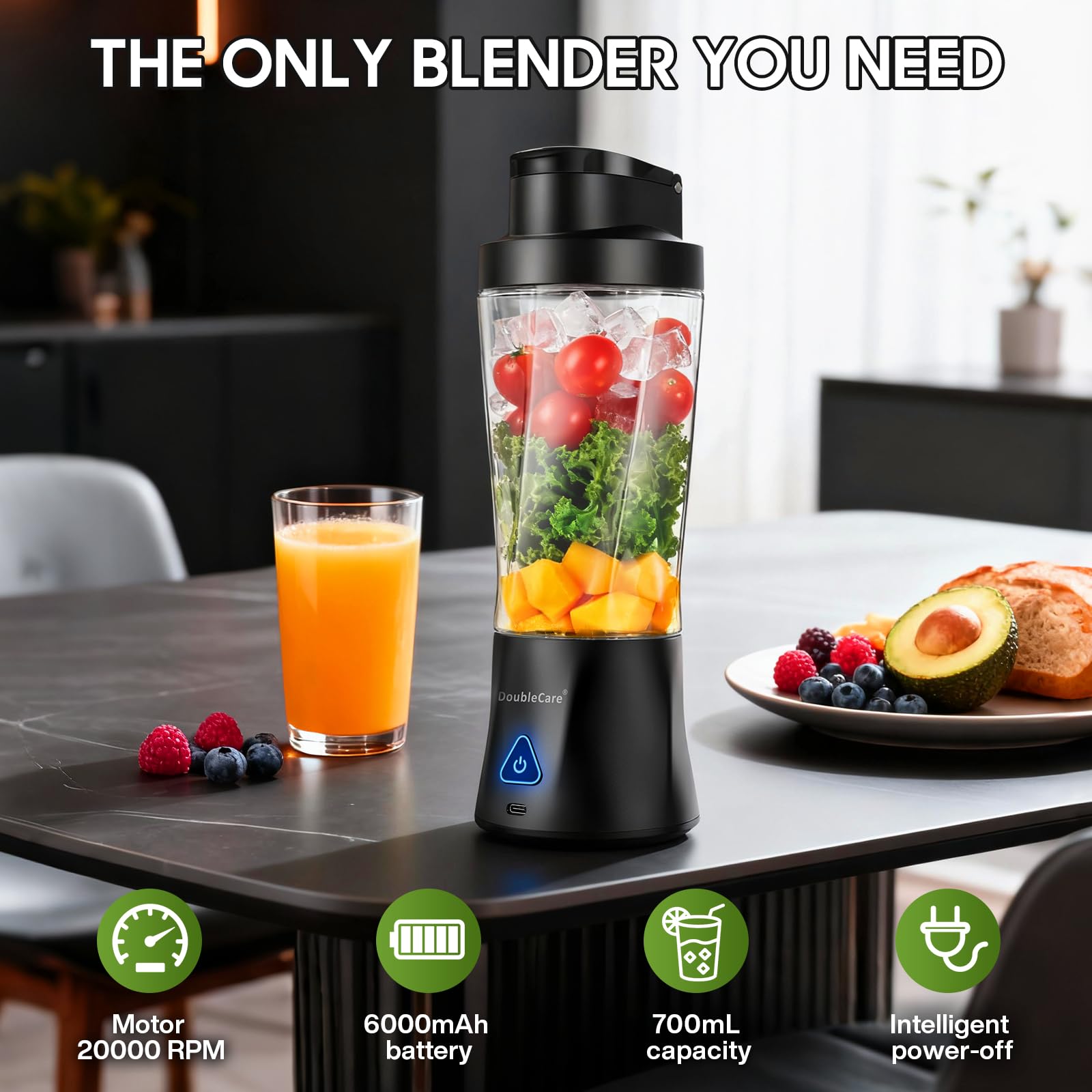 Batidora de Vaso Eléctrica 700ml, Batidora de Batidos, Trituradora Multifuncional, Licuadora USB Recargable 6000mAh con 6 Cuchillas 3D, IP67, Autolimpieza de Un Toque - Negro