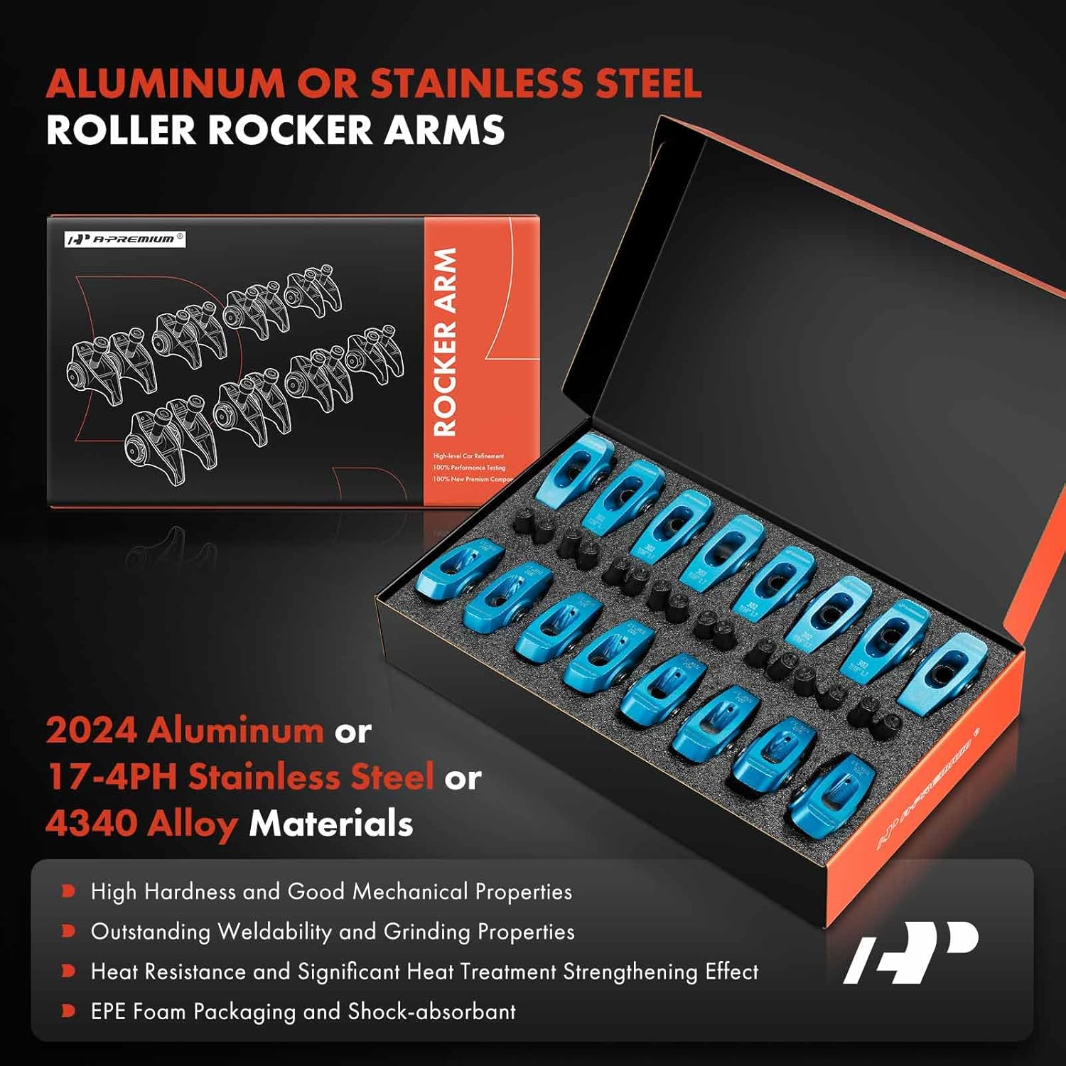 A-Premium 16Pcs Blue Aluminum Engine Roller Rocker Arms with Needle Bearings Compatible with Ford SBF 302, 1.7 Ratio, 7/16" Studs