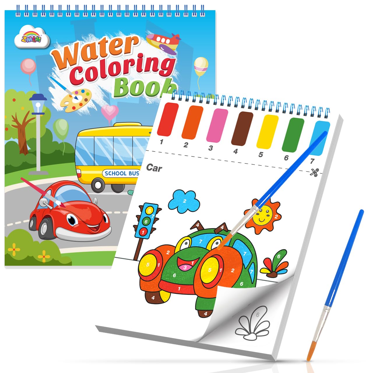 ZMLM Pintura con Libros de Agua para Niños Pequeños con Pinceles, Regalo de Arte Artesanal Acuarelas Niños, Regalos de Cumpleaños Pintar por Numeros Niños 3 4 5 6 7 8 años - Serie de Coches