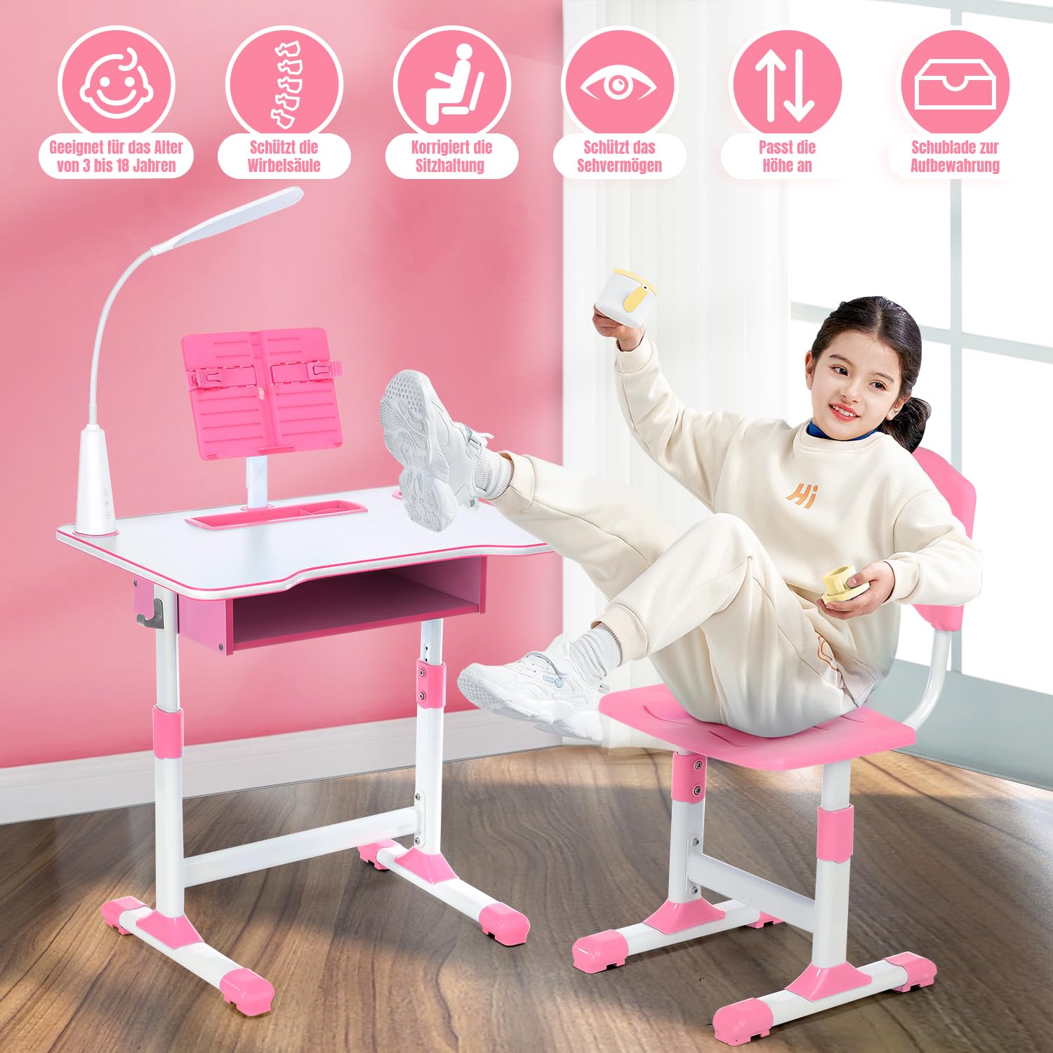 Escritorio para niños, altura regulable, escritorio juvenil, escritorio para estudiantes, mesa de estudiante, soporte para libros, cajón y silla ergonómica de escritorio (rosa)