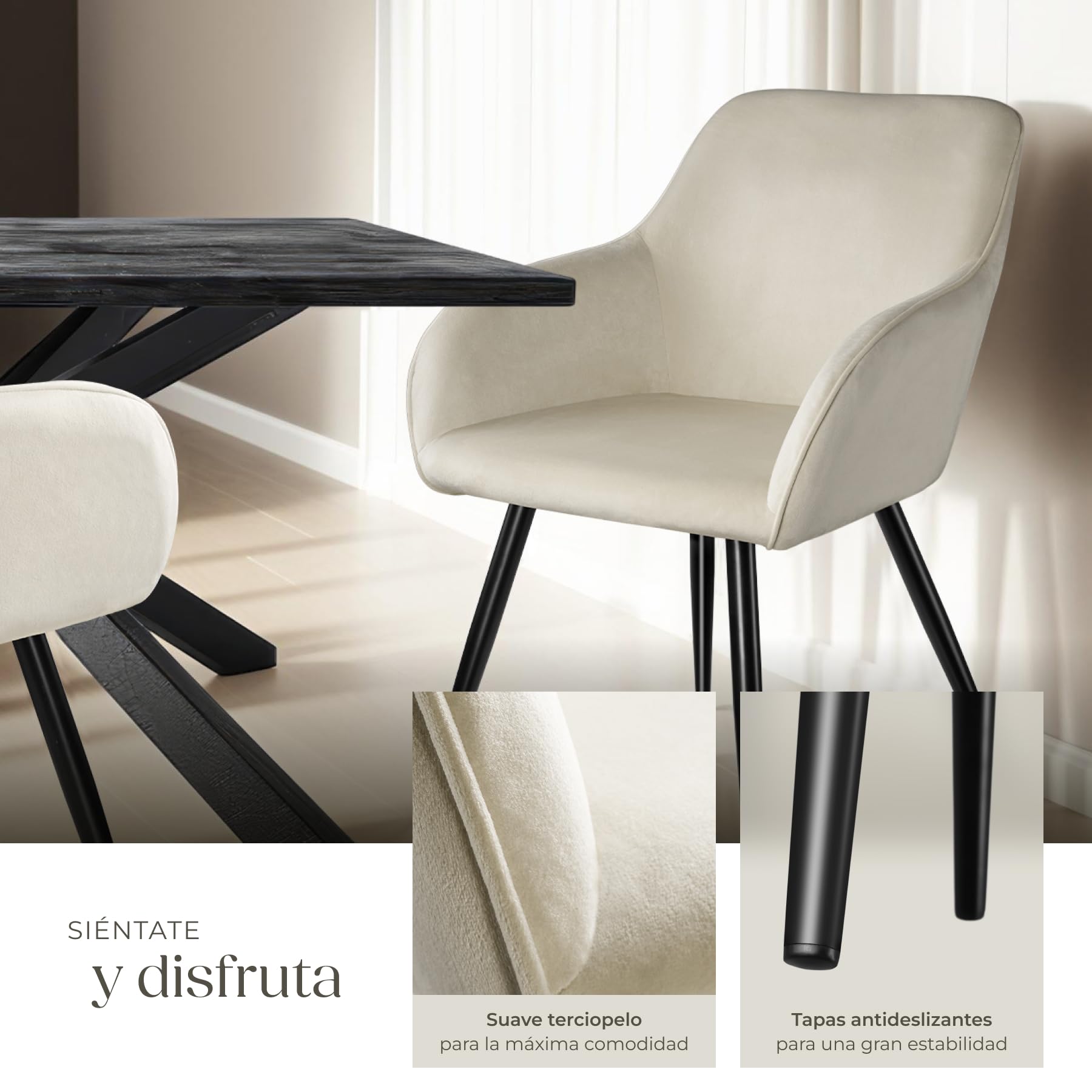 tectake® Silla Tapizada en Terciopelo, Sillas de Comedor Ergonómicas y Versátiles, Gran Estabilidad y Capacidad de Carga, Sillas Cocina Elegante - 1 Silla Crema/Negro