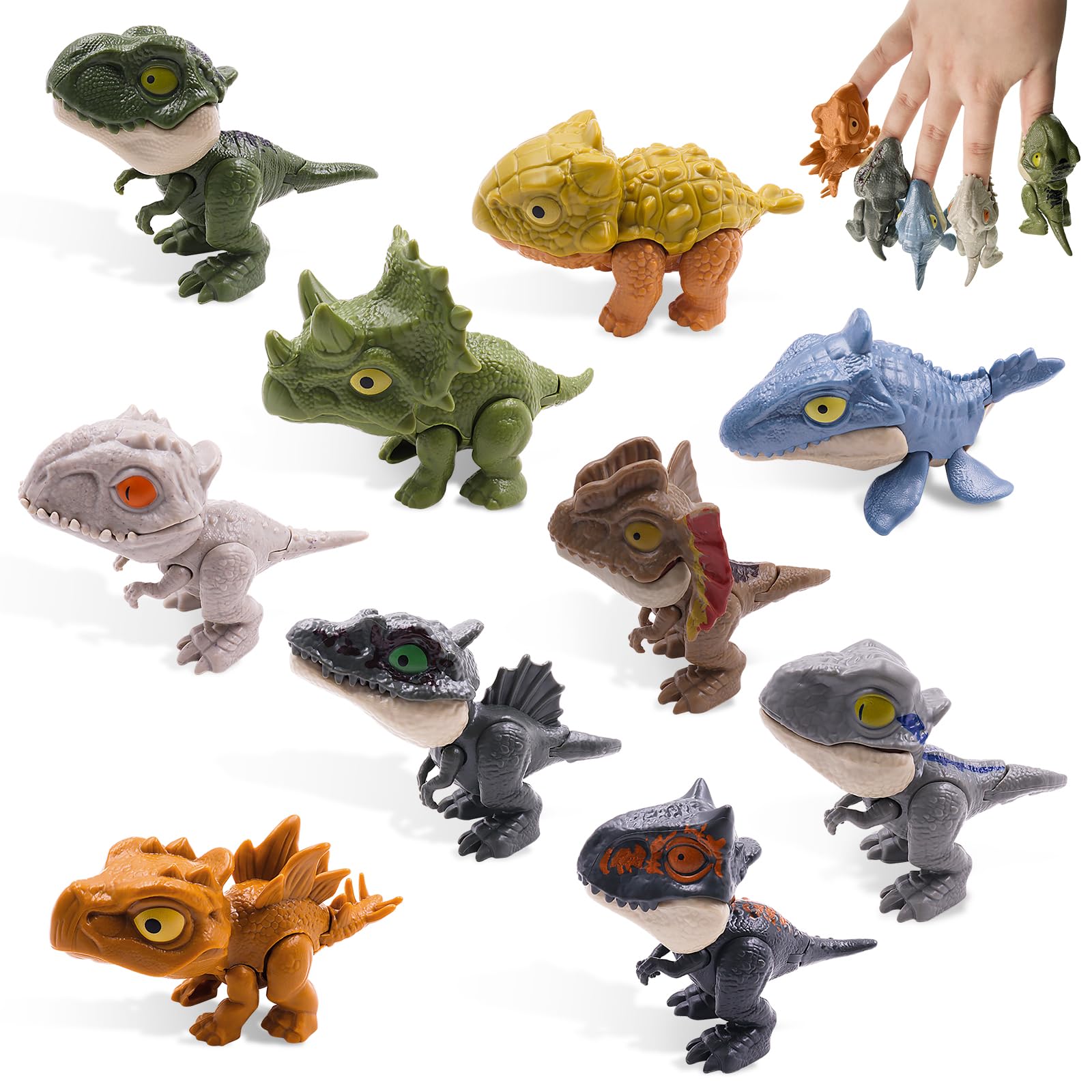 10 Piezas Dinosaurio Dedo Juguete, Mini Set ABS Mordita para Niños y Niñas (Colores Mezclados)