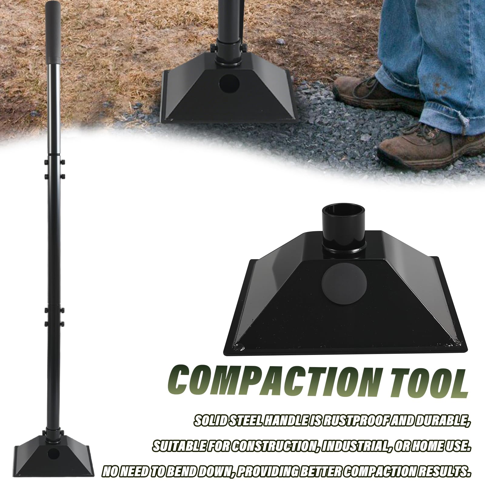 Tamper en acier avec poignée en acier réglable de 85 cm, poignée en caoutchouc et base remplissable de 20,3 x 20,3 cm, pilon robuste pour tamper le sol, le gravier, la réparation de pavés