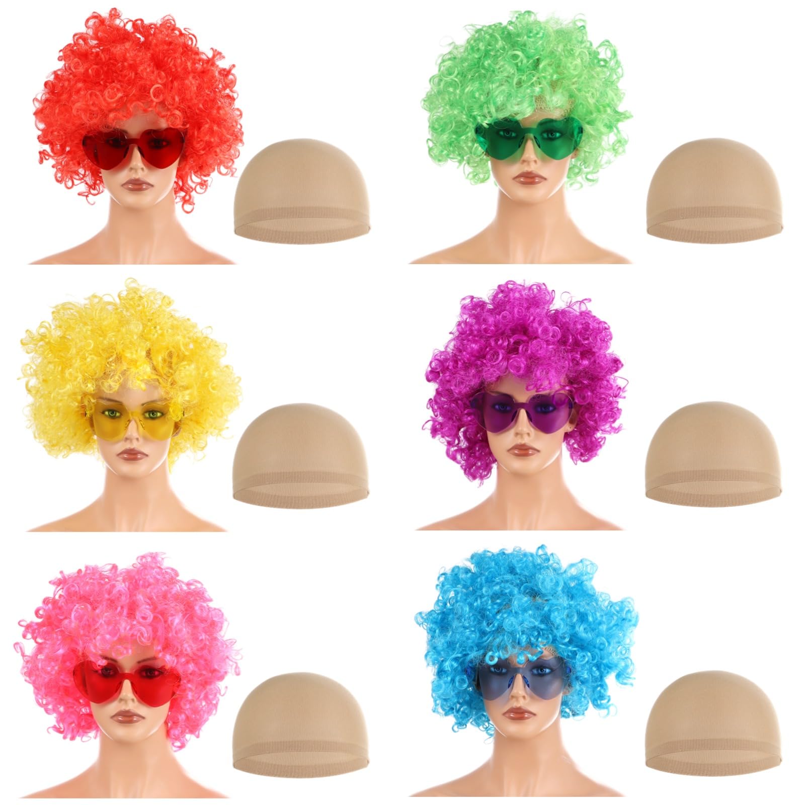 6 Pcs Neon Clown Wigs, Fluffy Colorful Hair Wigs with Wig Caps & Heart Sunglasses, Short Curly Afro Puff Wigs for Costume Party