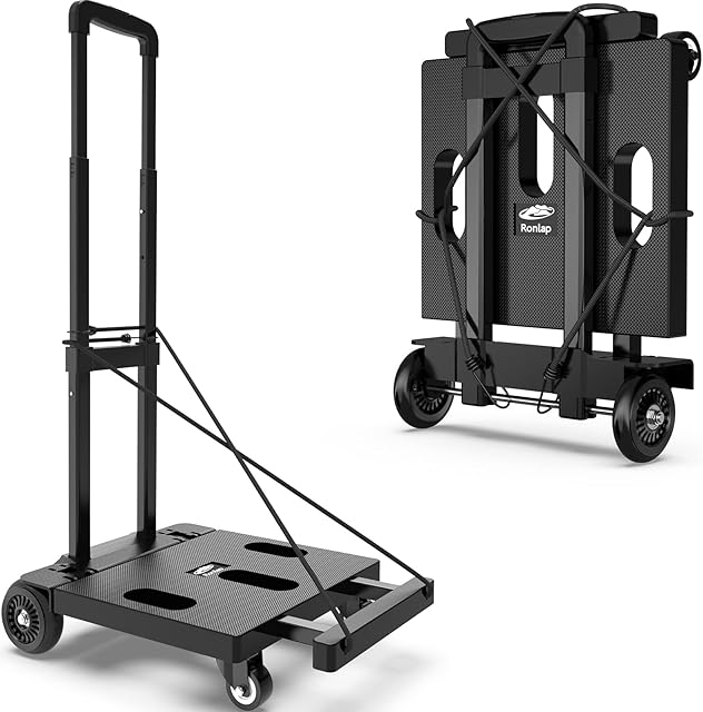 Ronlap Trolley On Wheels Heavy Duty, 120 KG Folding Sack Truck Hand Truck, Multi Purpose 4 Wheels Foldable Trolley with 2 Ropes for Home, Office, Garden, Moving and Travel, Black